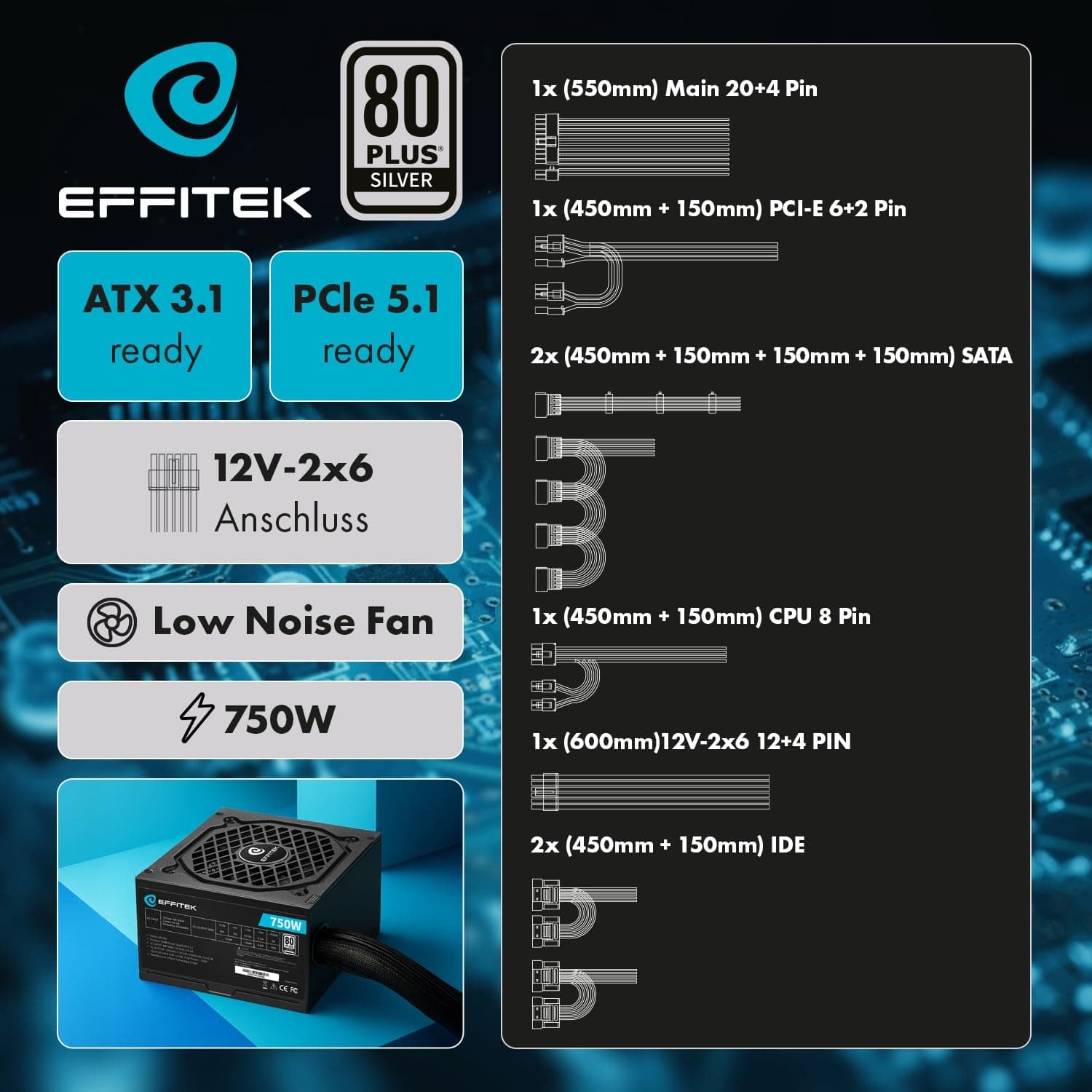 750 Watt Netzteil für PC Gaming ATX 3.1 und PCIe 5.1 kompatibel [Silber Serie] 80 Plus Silber I 12V Netzteil I für PC Gehäuse ATX I Power Supply I ATX Netzteil I 12V 2x6 Kabel GPU I leise Bild 3