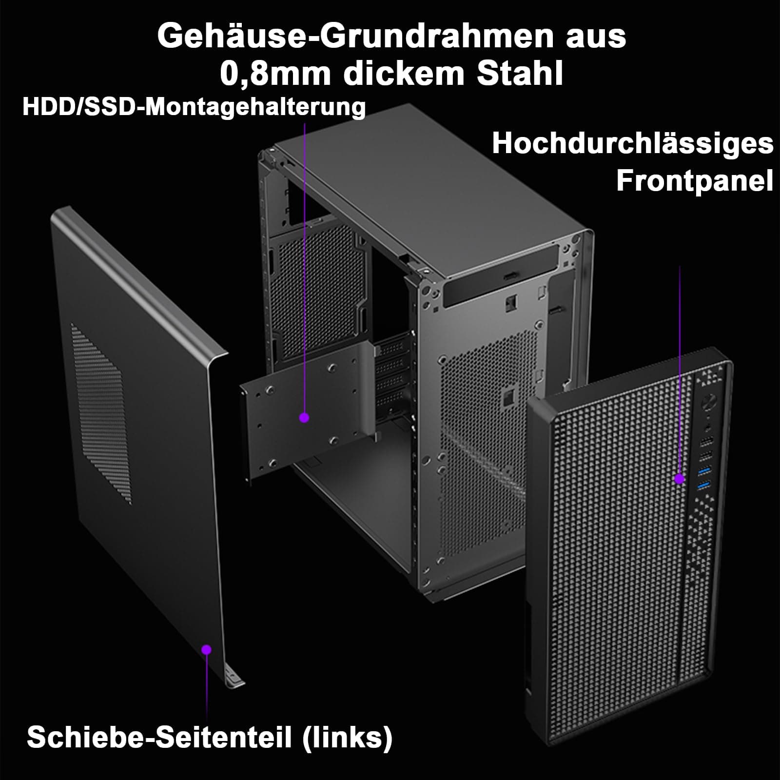 Micro-ATX PC-Gehäuse Mini-Tower SPCC 0,8mm ohne Lüfter Kompaktgehäuse MATX/Mini-ITX Home-Office kühlbar HDD/SSD Halter pc case Bild 7