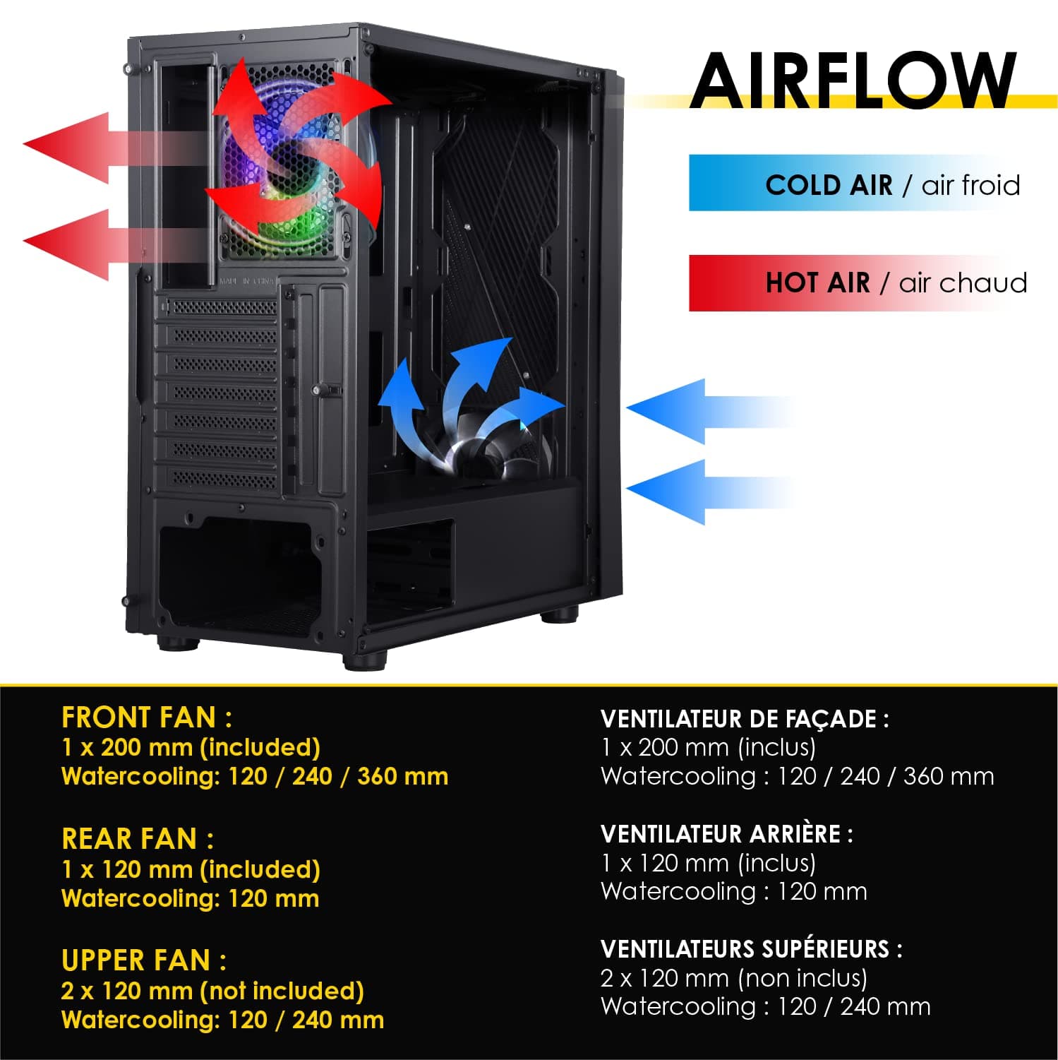EMPIRE GAMING – PC-Gehäuse Gamer Crystal – ARGB Mittelgroßer Tower ATX, Micro ATX und ITX – 3D-Spiegel-Effekt – Lüfter RGB adressierbar 1 x 120 mm 3 Pin/ 5 Volt LEDs und 1 x 120 mm Standard – Schwarz Bild 7