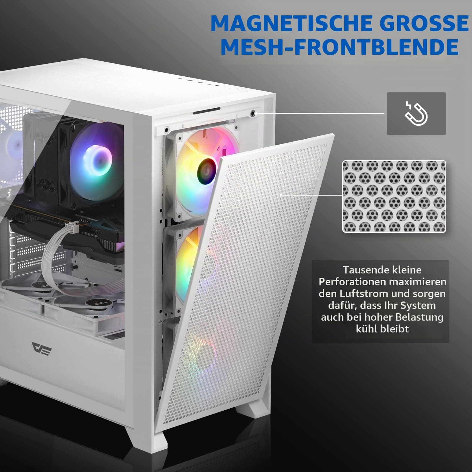 darkFlash ATX Mid-Tower Gaming-PC-Gehäuse, vorinstallierte 3x120mm RGB-Lüfter, abnehmbare große Mesh-Frontblende, USB 3.0-fähig, Seitenwand aus gehärtetem Glas für optimale Belüftung, Weiß (DRX70) Bild 5