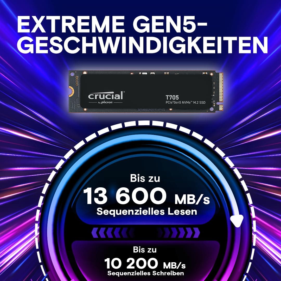 Crucial T705 1TB SSD PCIe Gen5 NVMe M.2, bis zu 13.600MB/s, Microsoft DirectStorage, PCIe 4.0 abwärtskompatibel, Interne Solid State Drive - CT1000T705SSD3 Bild 3
