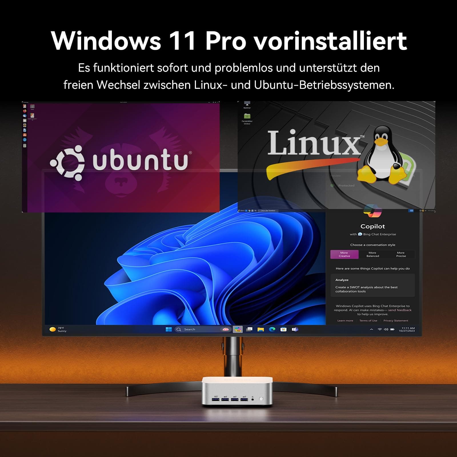 GEEKOM AI Mini PC A8 Max mit AMD Ryzen 9 8945HS, 3 Jahre Garantie, 32 GB DDR5 RAM(kein festgelegter LPDDR) 1 TB SSD, Micro PC W-11 Pro | 8 USB Ports | 8K UHD | Dual LAN Port, für Gaming/Kreativität R9-8945HS(32+1T) Bild 6