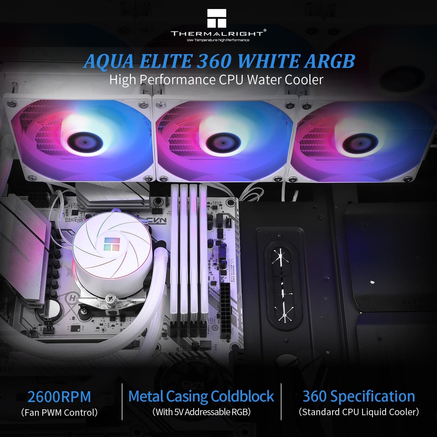 THERMALRIGHT Aqua Elite 360 Weiß ARGB Flüssig-CPU-Kühler, 360 AIO Kühlreihengröße, 3 x 120mm PWM-Lüfter, für AM4/AM5, Intel LGA1150/1151/1155/1156/1200/1851/1700 360mm White Bild 2