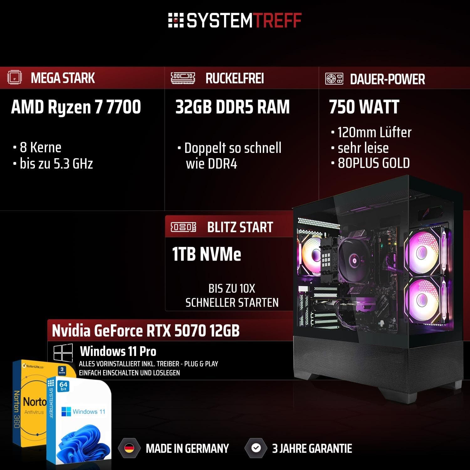 SYSTEMTREFF High-End Gaming PC AMD Ryzen 7 7700 8x5.3GHz | Nvidia RTX 5070 12GB DX12 | 1TB M.2 NVMe | 32GB DDR5 RAM | Windows 11 | WLAN Desktop Computer Rechner für Gamer, Zocker & Streamer Bild 2