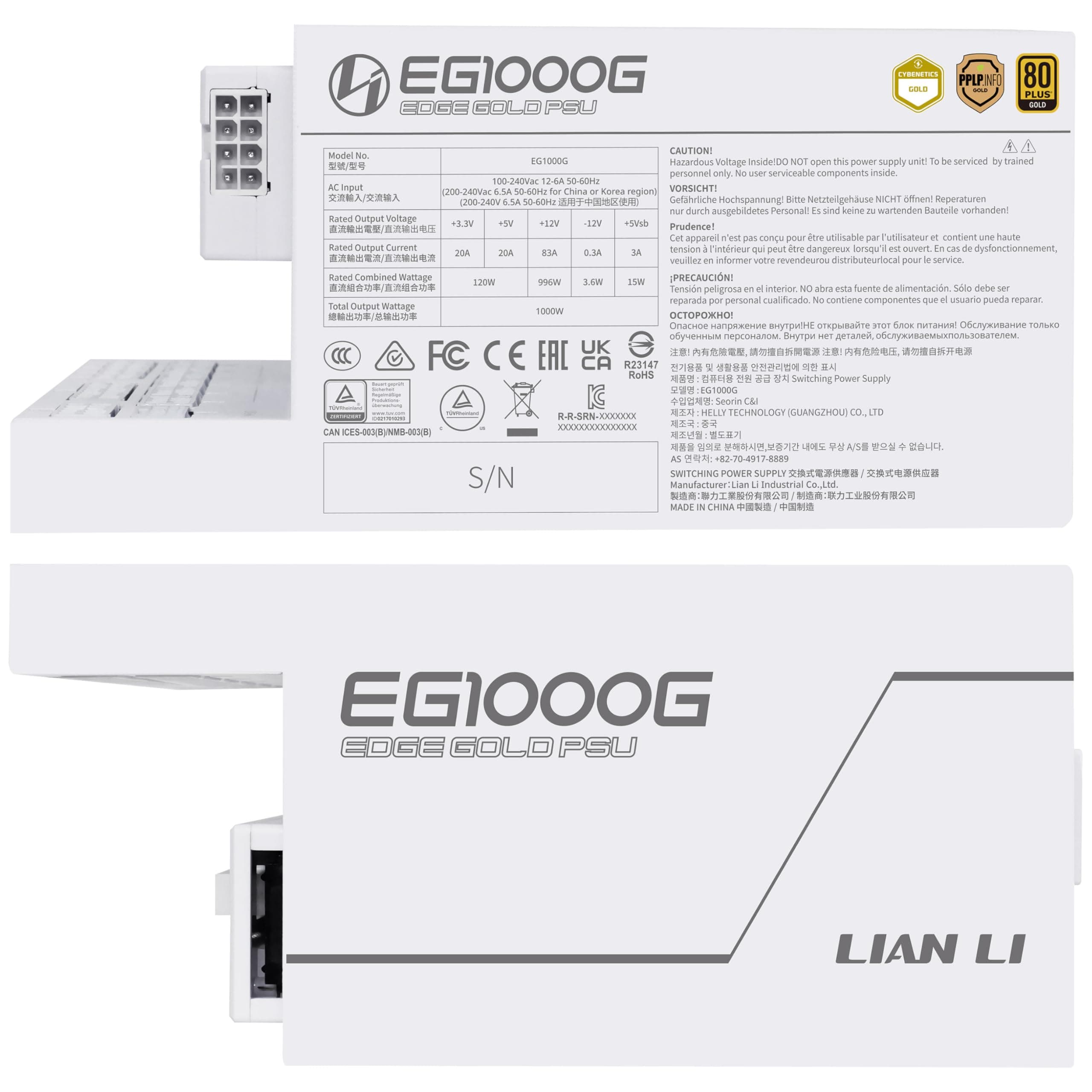 Lian Li Edge Gold 1000 PC Netzteil Weiß, 1000 Watt ATX Netzteil, PCIe 5.1, ATX 3.1 PSU | 80 Plus Gold, modular, Sleeved Cable Kit, 12VHPWR für NVIDIA RTX, leiser Lüfter, USB Hub & Fan Hub 1000W Weiß Bild 6