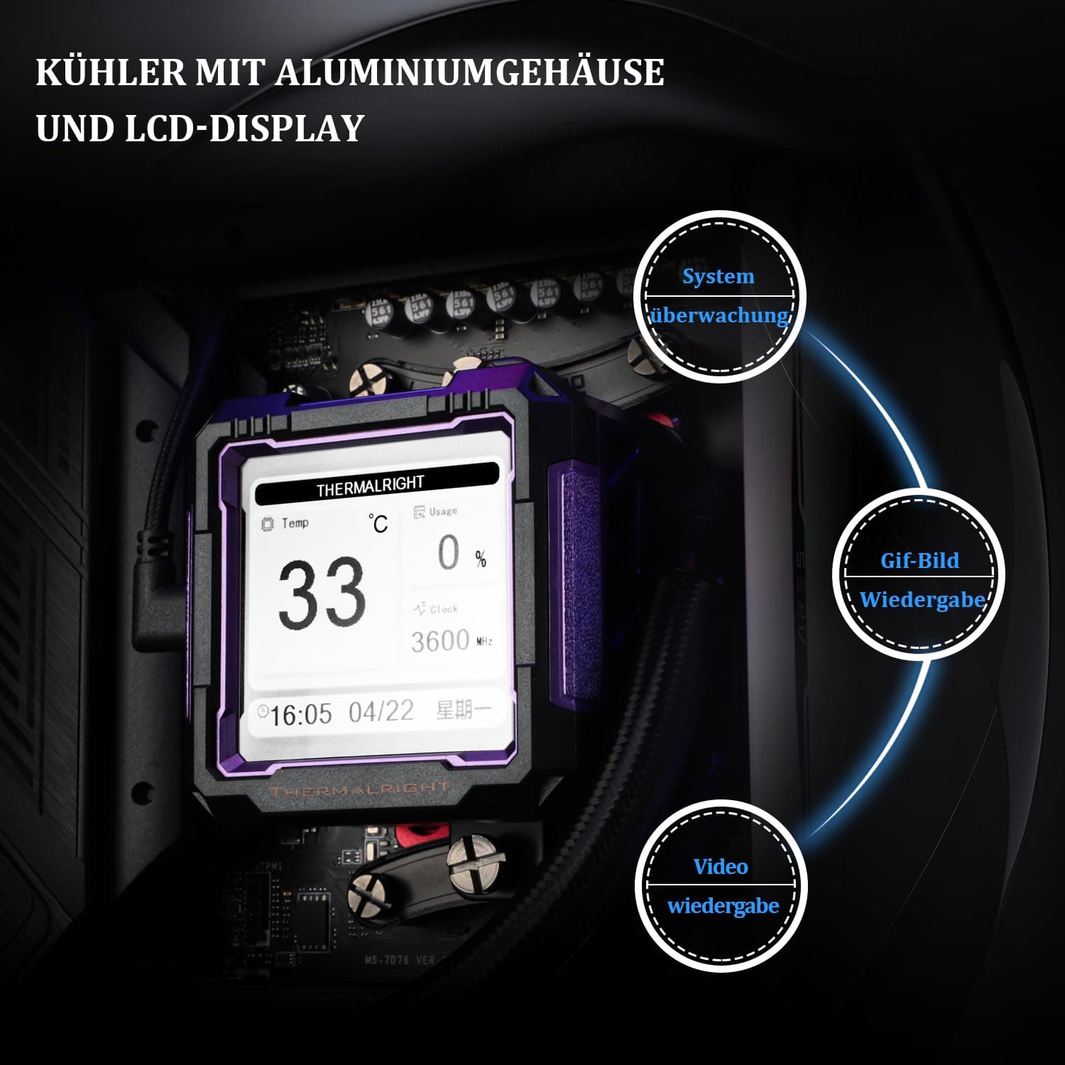 Thermalright FW PRO 360 ARGB Schwarz-360mm AIO CPU-Flüssigkeitskühler, 2.73 zoll IPS LCD-Bildschirm mit 320 * 320 Auflösung, für AM4/AM5/Intel LGA1700/1851/115X/1200 FW PRO 360 ARGB BLACK Bild 5