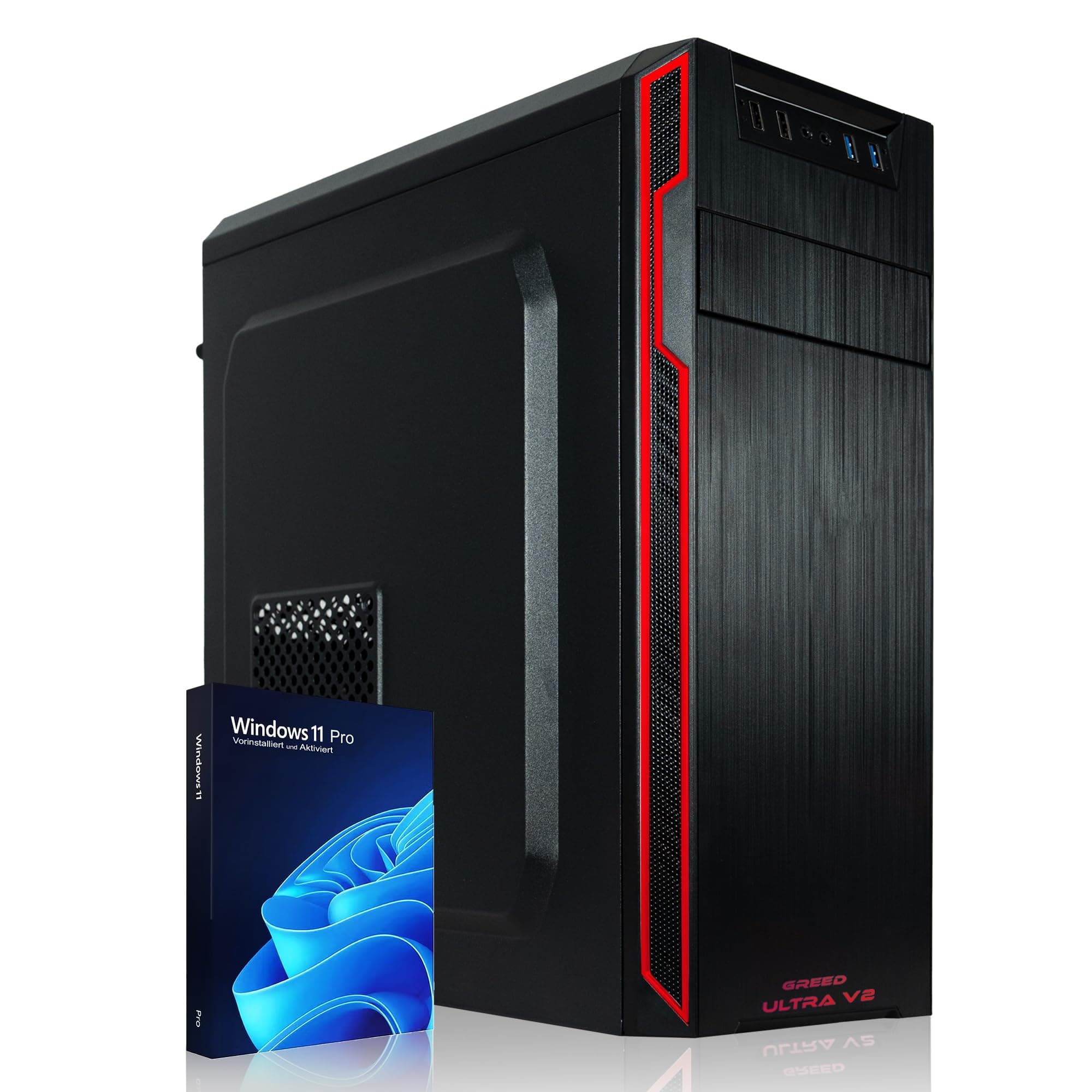 Greed® Ultra V2 PC mit AMD Ryzen 7 5700G - Schneller Rechner + Computer für Büro & Home Office mit 4,6 GHZ, 16GB RAM/Arbeitsspeicher - 1TB SSD + 1TB HDD - DVD+RW - USB3.1 - WLAN, inkl Windows 11 Pro Ultra | V2 AMD