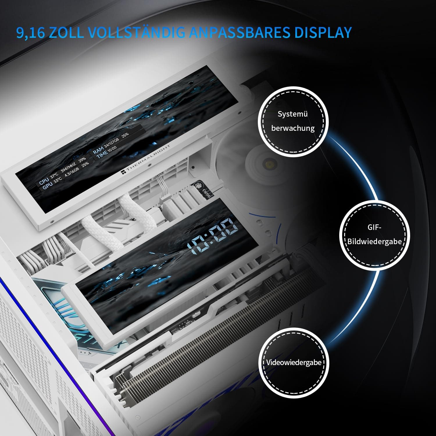 Thermalright A70 Vision Weiß PC Gehäuse mit 9,16-Zoll-Display, Panorama-Sicherheitsglas, ATX-Tower Unterstützt ATX-Mainboard/42cm-Grafikkarten,mit ARGB-Lichtleiste und verstecktem Kabelmanagement Weiß-A70 Vision White Bild 5