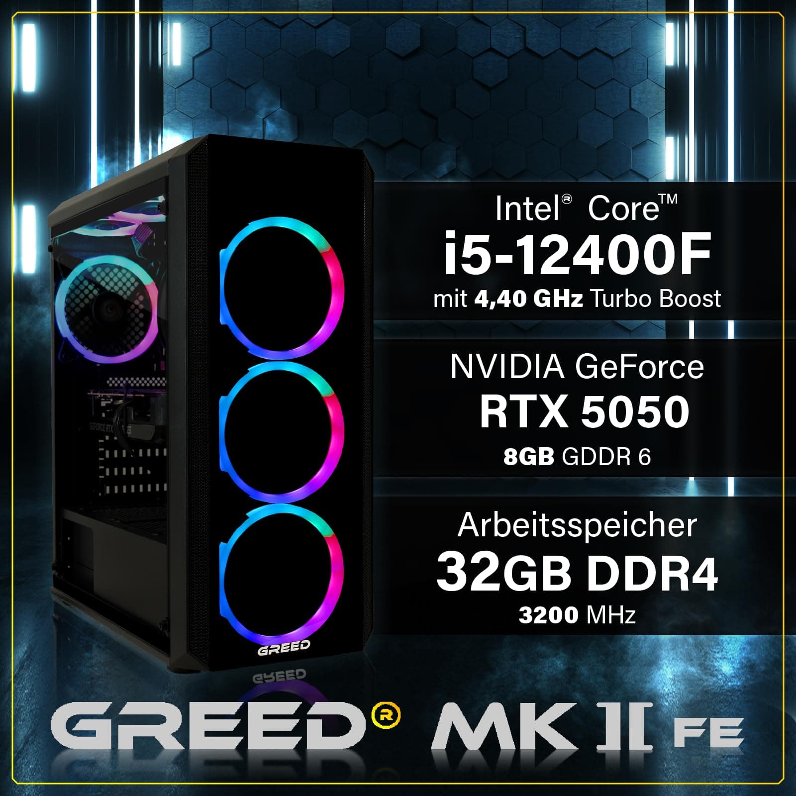 Greed® MK2 FE - Gaming PC – Intel Core i5-12400F + RTX 5050 - Schneller RGB Computer + 4K Raytracing Rechner mit 4,4 GHZ - 32GB DDR4 RAM - 512GB SSD + 500W Netzteil - WLAN + Windows 11 Pro MK2 FE | RTX 5050 INTEL 32GB Bild 3