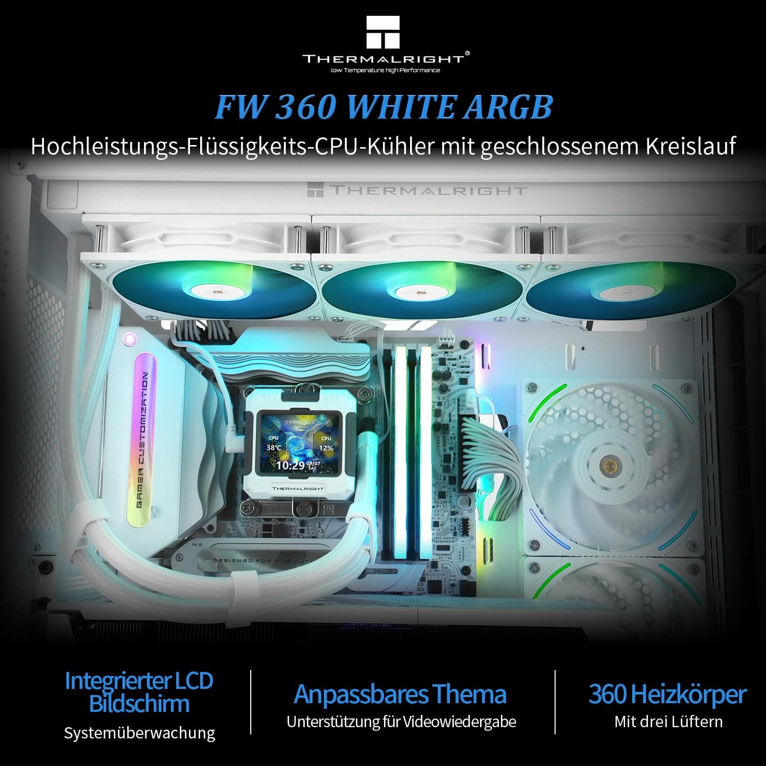 Thermalright FW 360 Weiß ARGB CPU-Wasserkühlung mit 3 PWM-Lüftern, IPS 320 * 240 Auflösung LCD-Bildschirm,360 AIO-Kühlung,flüssiger CPU-Kühler für AMD/Intel PC Aio-Kühler: AM4/AM5/LGA1700/1851 FW 360 WHITE ARGB Bild 3