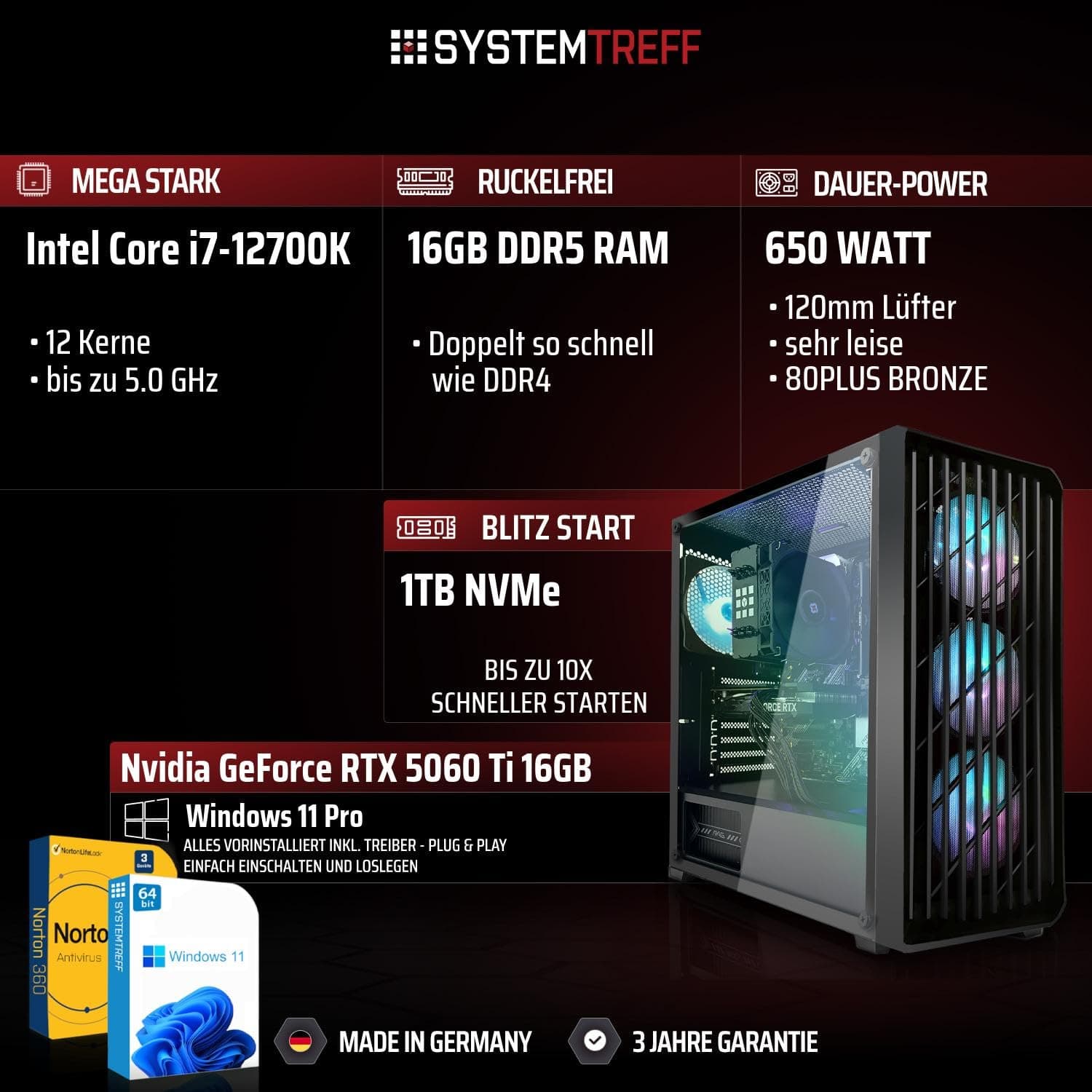 SYSTEMTREFF Gaming PC Intel Core i7-12700K 8x5GHz | Nvidia RTX 5060 Ti 16GB DX12 | 1TB M.2 NVMe | 16GB DDR5 RAM | Windows 11 | WLAN Desktop Computer Rechner für Gamer, Zocker & Streamer Bild 2