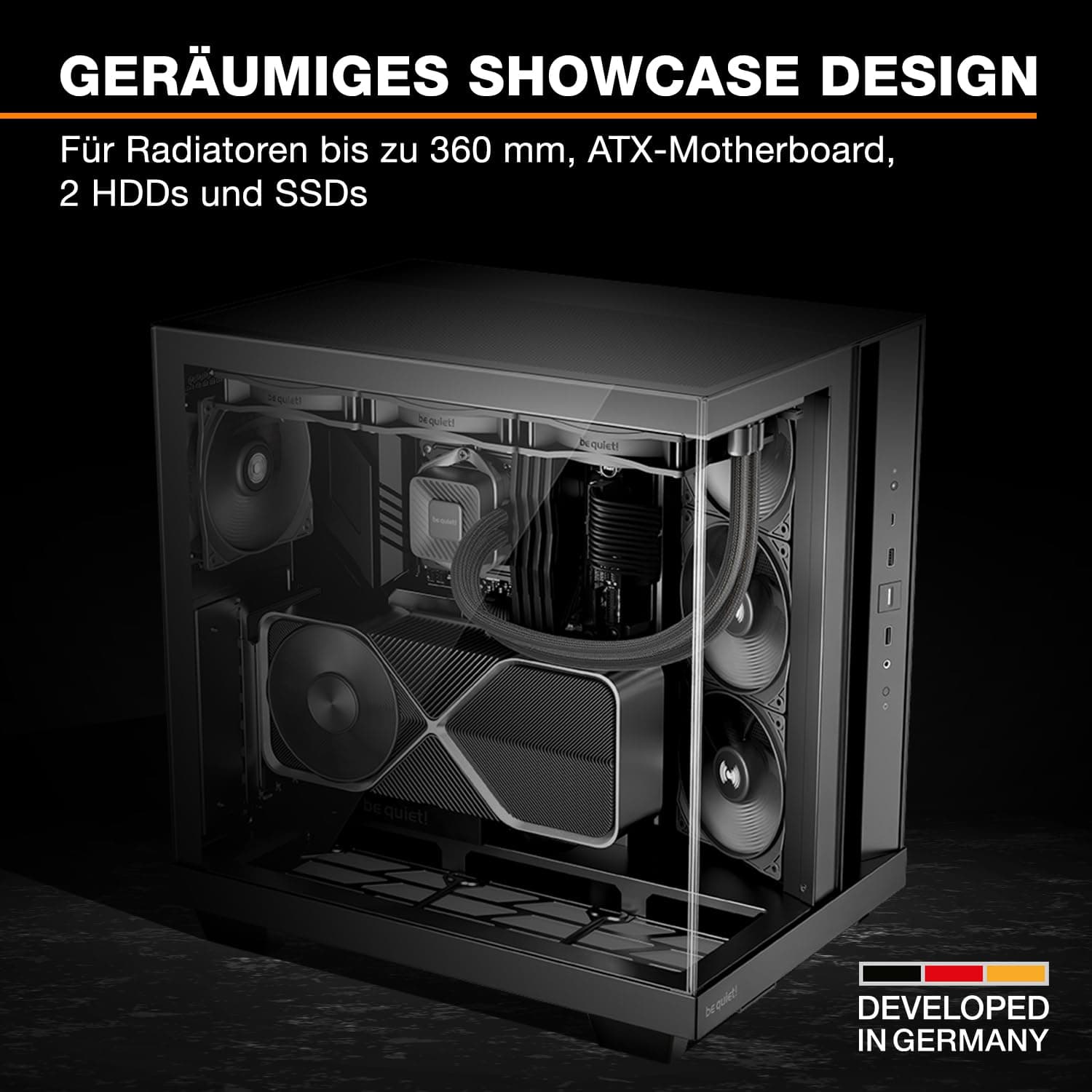 be quiet! Light Base 500 Black PC-Gehäuse, vollständig verglaste Front und Seitenfenster, Show Case, Dual Chamber Design, 4 Pure Wings 3 PWM-Lüfter, kein RGB, Anschlussdesign auf der Rückseite Bild 5
