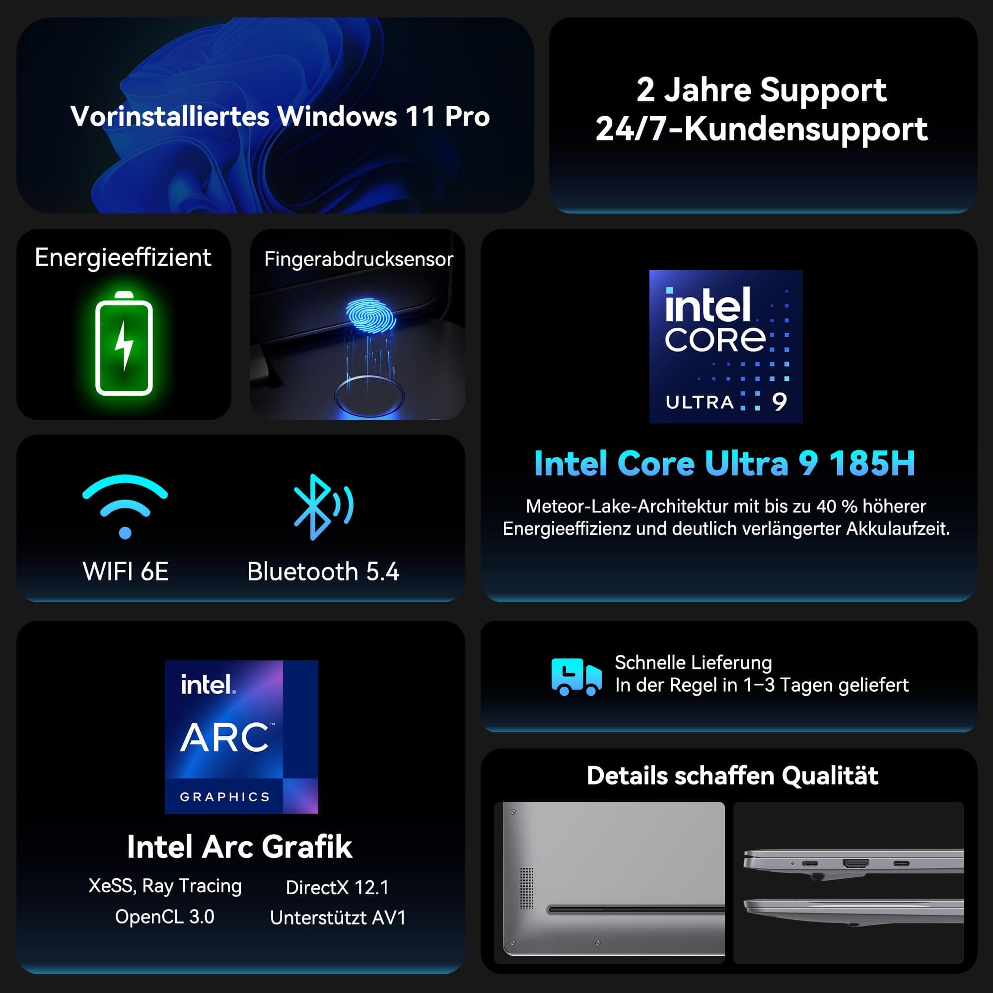 GEEKOM GeekBook X16 Pro Laptop, 1299g Metallgehäuse, 16" 2.5K, Intel Core Ultra 9-185H, 32GB LPDDR5x 7500MT/s, 2TB SSD, USB4, Fingerabdrucksensor, DTS:X Ultra, bis zu 17h Akku, Copilot, Windows 11 Pro Bild 2