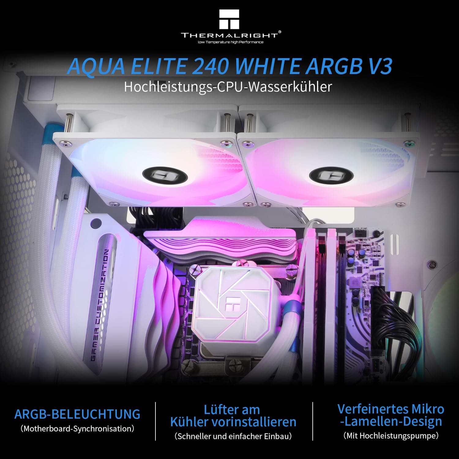 Thermalright AQUA ELITE 240 WHITE V3 Flüssig-CPU-Kühler, 240 Kühlreihen, 2 x 120mm PWM-Lüfter, S-FDB-Lager, für AMD/AM4/AM5, INTEL LGA1150/1151/1155/1156/1200/2011/1700, Desktop CPU-Kühler AIO AE240 WHITE ARGB V3 Bild 3