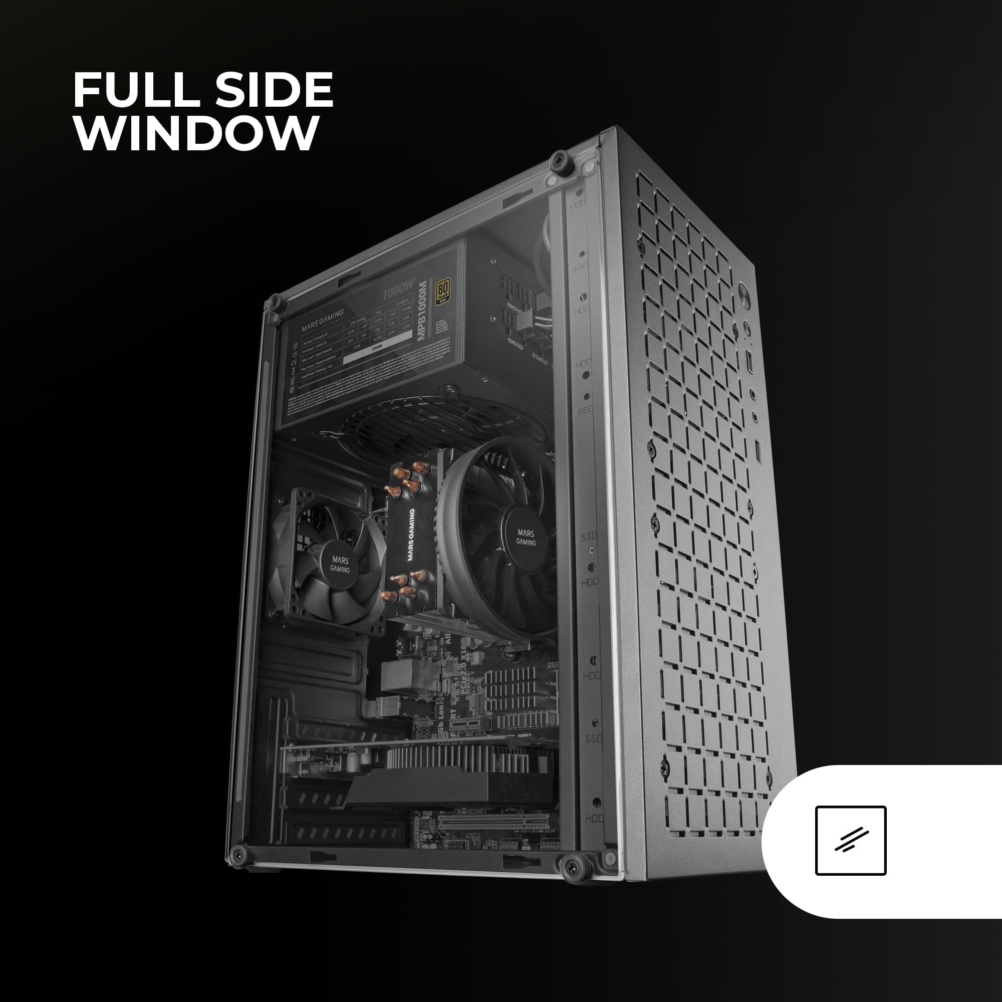 Mars Gaming MC-1000, Kompaktes MicroATX-Gehäuse, Metall-Mesh-Frontdesign, Volles Seitenfenster, 1x Ultra-Silent FDB 80mm Lüfter, Schwarz Bild 7