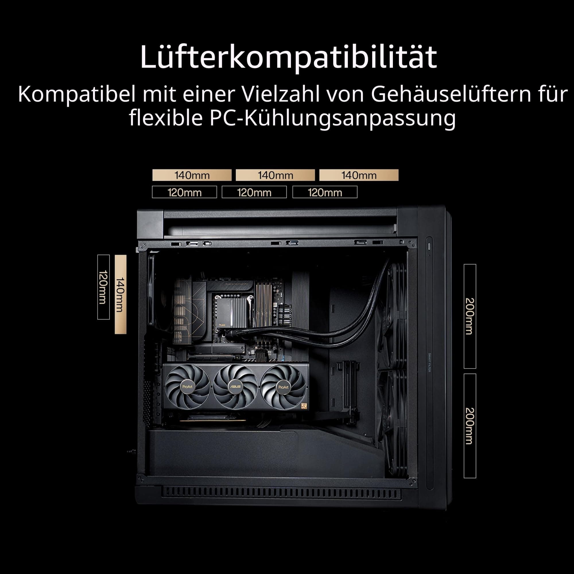 ASUS ProArt PA602 E-ATX Computer-Gehäuse (420 mm Radiatorhalterung, 140 mm und 200 mm vorinstallierte Systemlüfter, IR-Staubsensor, werkzeuglose PCIe-Montage, USB 20Gbps Unterstützung, schwarz) Bild 8