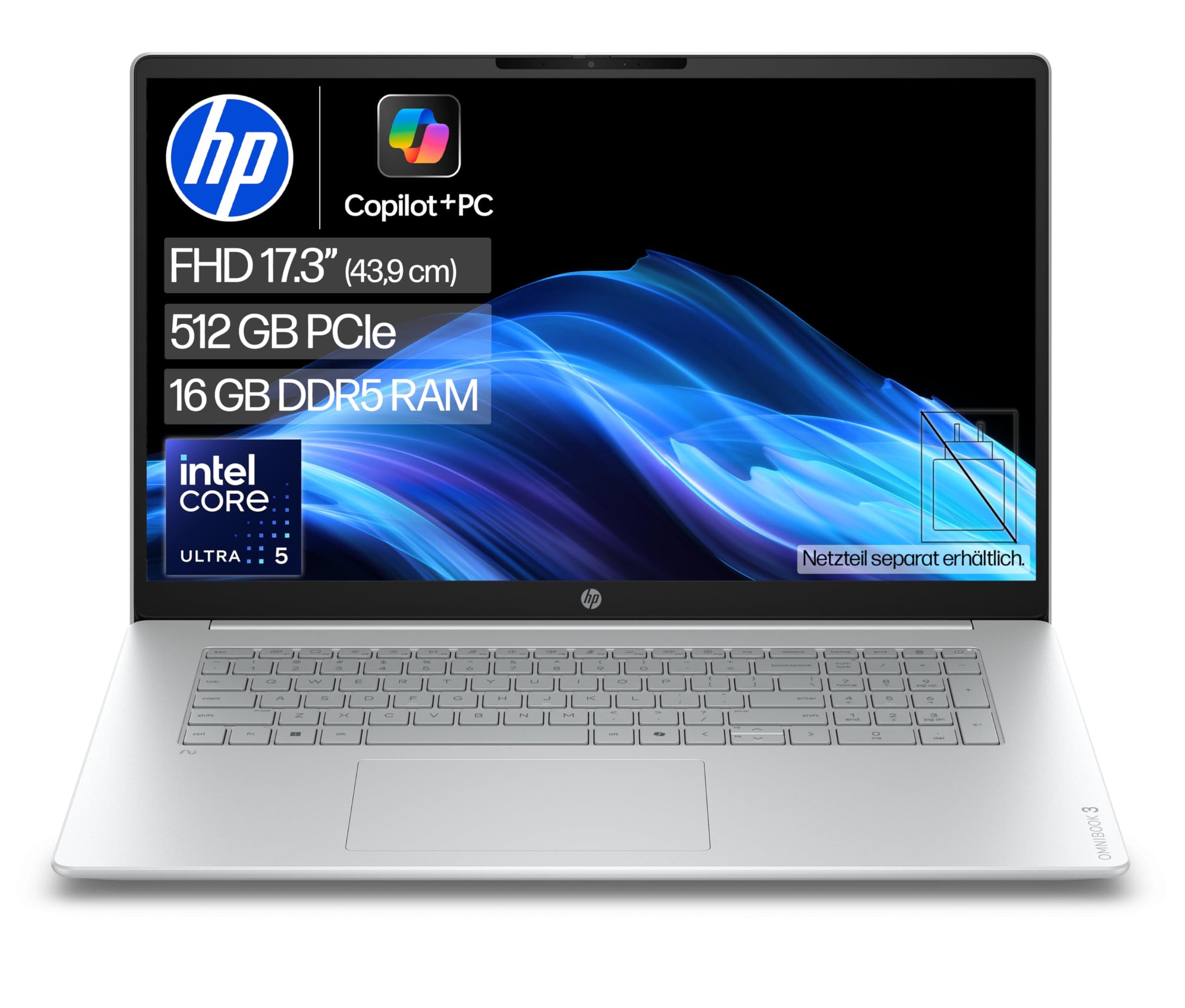 HP OmniBook 3 Laptop (17,3" FHD Display, Intel Core Ultra 5, 16GB RAM, 512GB, Win11, QWERTZ) - Silber Intel Core Ultra 5, 16GB RAM, 512GB 17,3 Zoll Silber