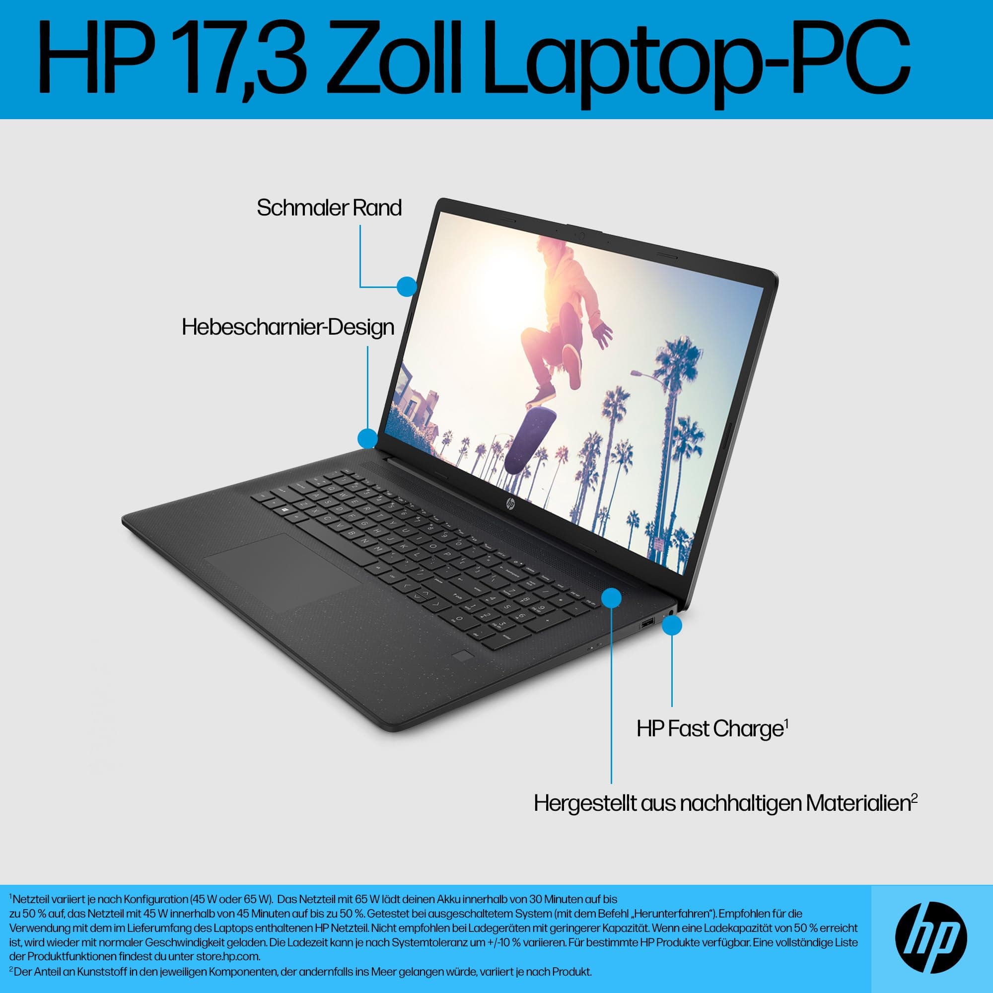 HP Laptop mit 17,3" FHD Display, AMD Ryzen 5 7520U, 8GB DDR5 RAM, 512 GB SSD, AMD Radeon-Grafik, Windows 11, QWERTZ, Schwarz inkl. 25 GB Dropbox-Speicher für 12 Monate AMD Ryzen 5 7520U + 8 GB DDR5 RAM + 512 GB SSD Ohne Copilot-Key Schwarz Bild 3