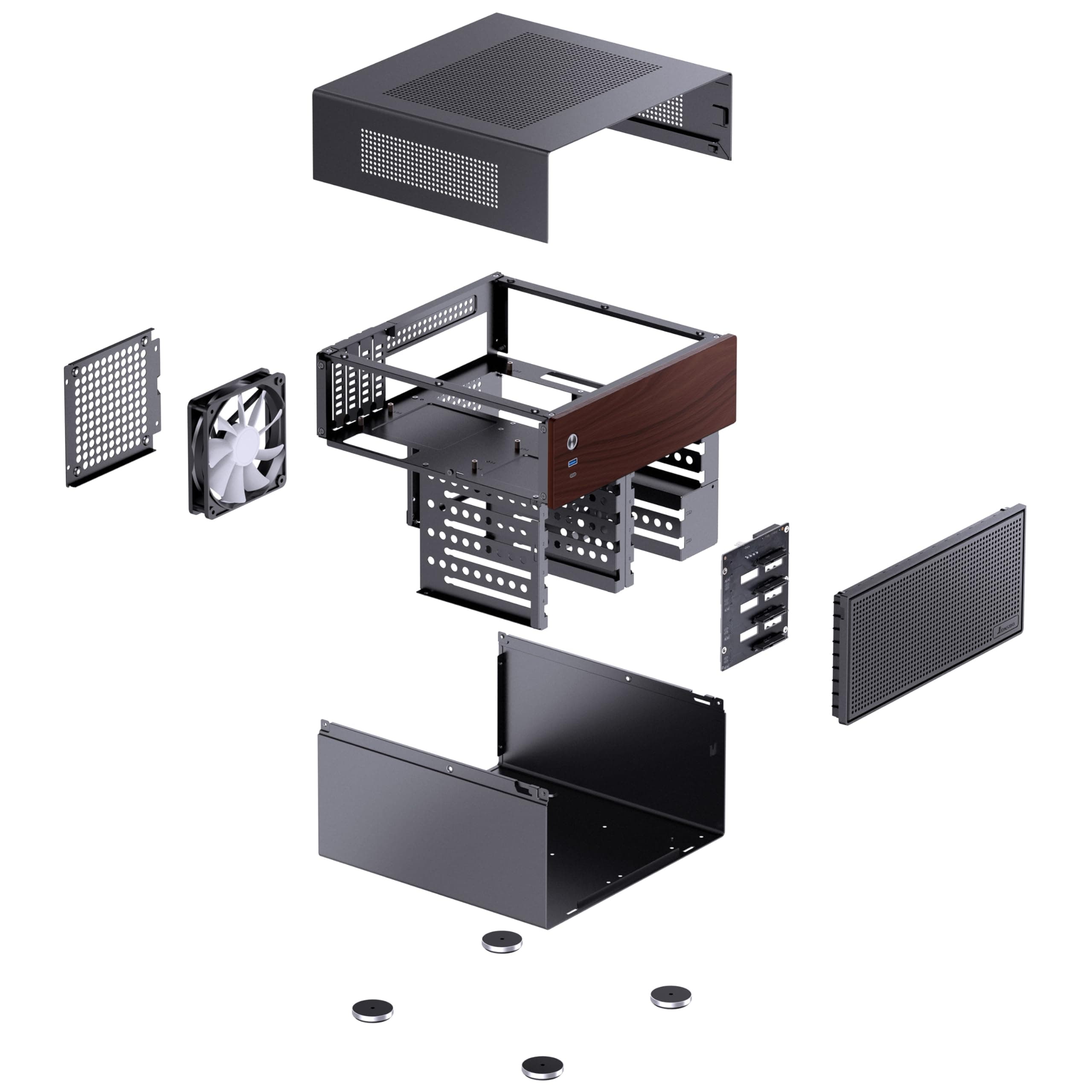 Jonsbo N4 NAS Gehäuse Schwarz – Kompaktes Micro-ATX Case für DIY-NAS, Platz für 6X 3,5" & 2X 2,5" HDDs, 4 Low-Profile-Slots, USB-C & USB-A, Holzdesign Bild 7