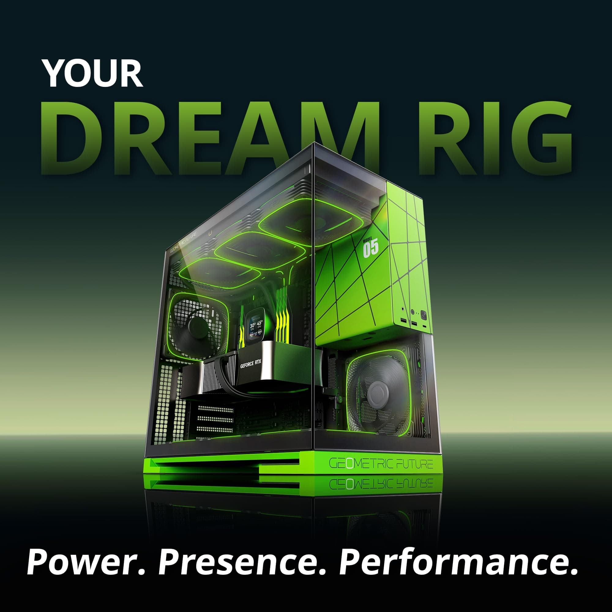 Geometric Future M5 Tempered Glass Mid Tower, E-ATX/ATX Gaming Case, 1.2mm Steel, Type C, Toolless Panels, Support 420/360 Radiator, ARGB PWM 140m Fan x 5 Pre-Installed, Black/Green, GEO-M5F-BNY schwarz/grün Glasver mit 140 x 5 Lüftern Bild 3