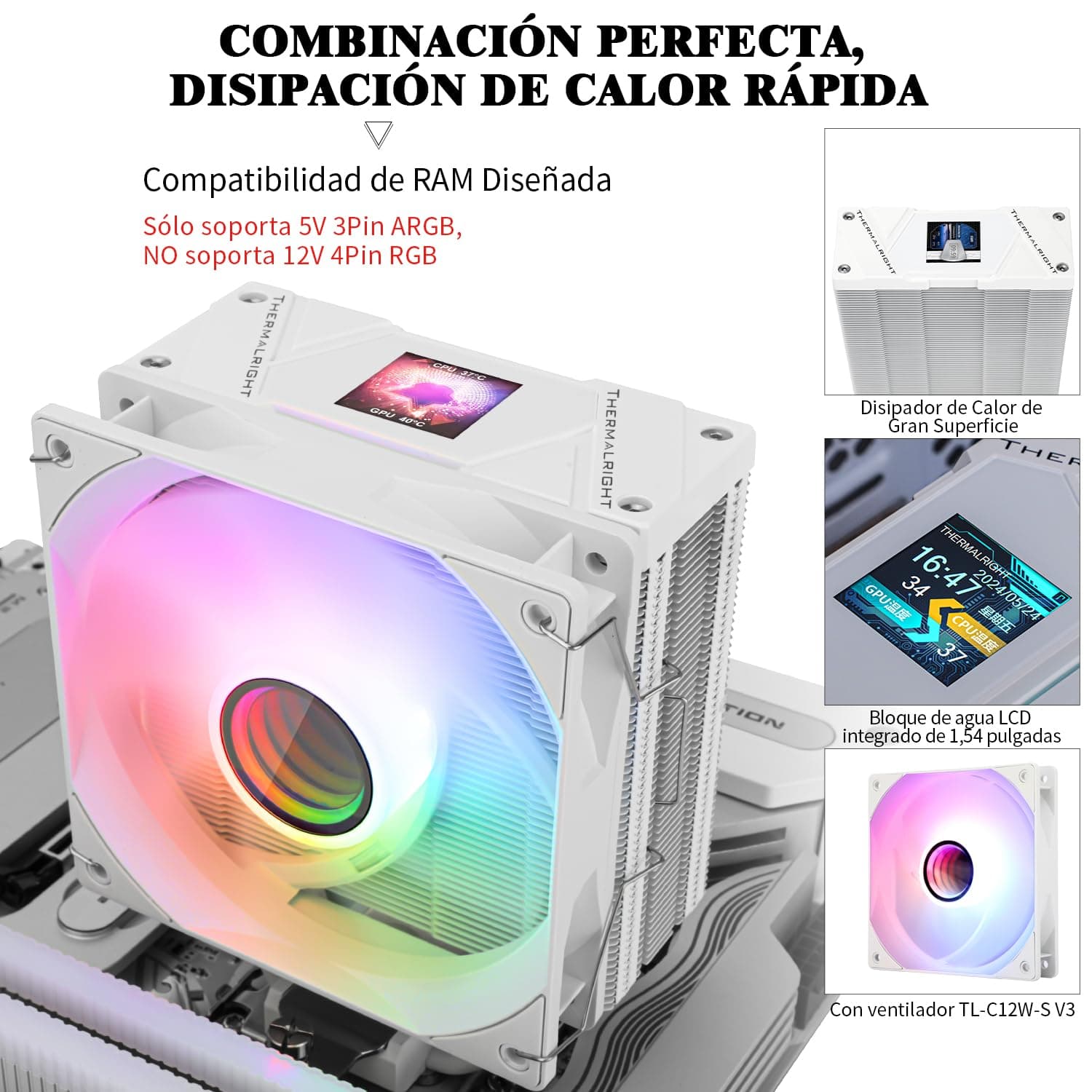 Thermalright Assassin Spirit 120 Vision ARGB White CPU-Kühler,Computer-Kühlkörperkühler 4 Heatpipes,PC-Bildschirm CPU-Kühlung mit 1,54 Zoll,240x240 Auflösungsvermögen, für AM4/AM5 und LGA1700/1851 Bild 5