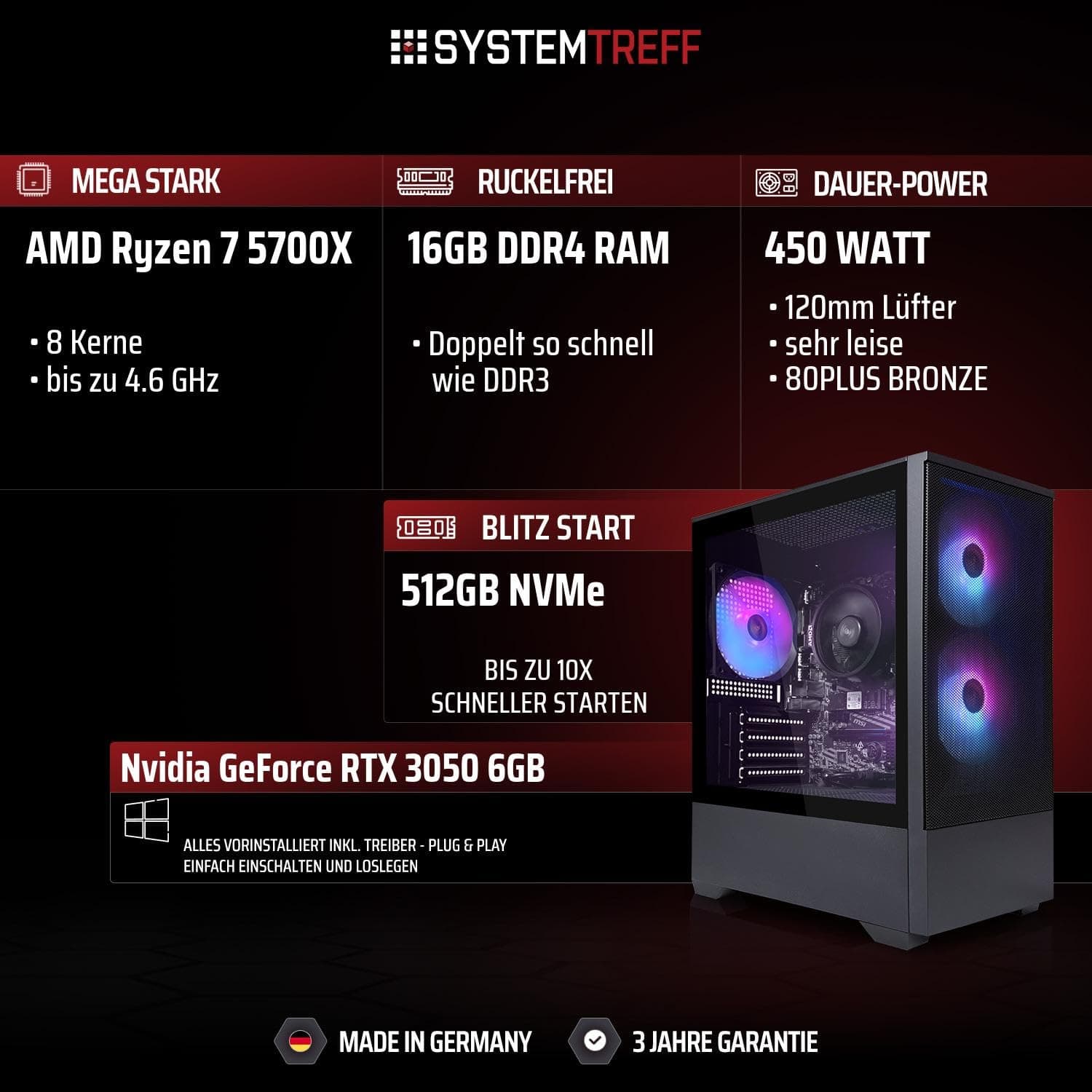 SYSTEMTREFF Basic Gaming PC AMD Ryzen 7 5700X 8x4.6GHz | Nvidia RTX 3050 6GB DX12 | 512GB M.2 NVMe | 16GB DDR4 RAM | WLAN Desktop Computer Rechner für Gamer, Zocker & Streamer Bild 2
