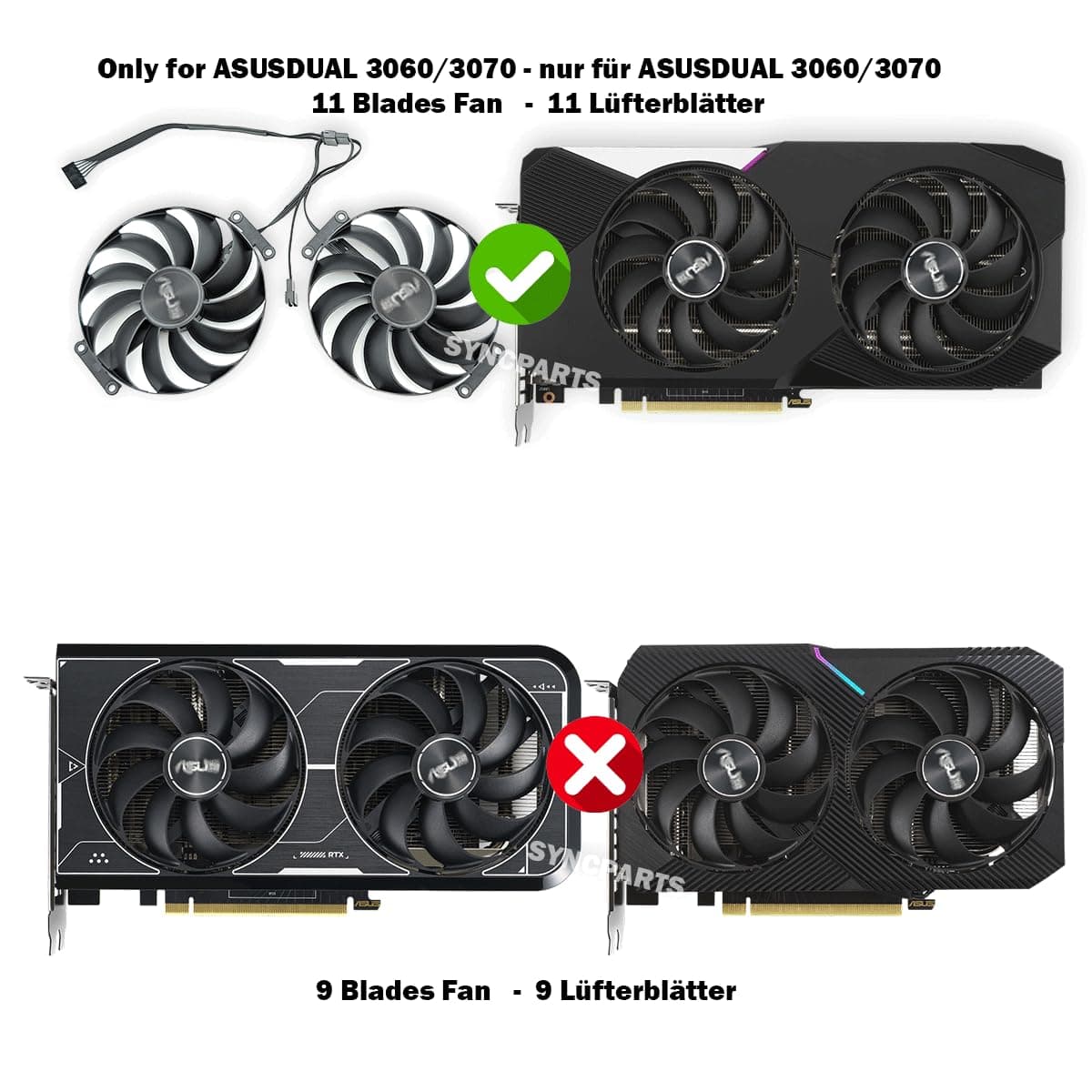 Lüfter für ASUS Dual RTX 3060 Ti/RTX 3070 – T129215SU CF1010U12S, 95mm, 7-Pin – NUR 11 Lüfterblätter – 2er Set Bild 7