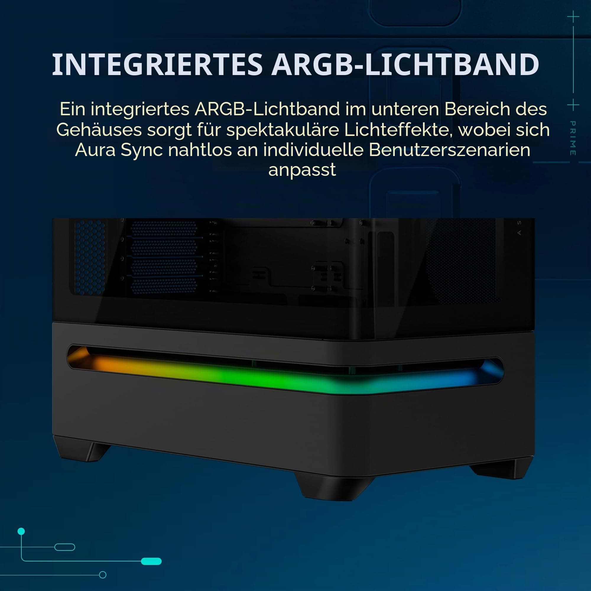 ASUS Prime AP202 mATX PC Gehäuse, Stahl, Mid-Tower, Schwarz(gebogenes Panorama Glaspanel, Aura Sync, GPU bis zu 420mm, Installation von bis zu neun 120mm-Lüftern,patentiertes Airflow-Design,Slot-Vent) Bild 7