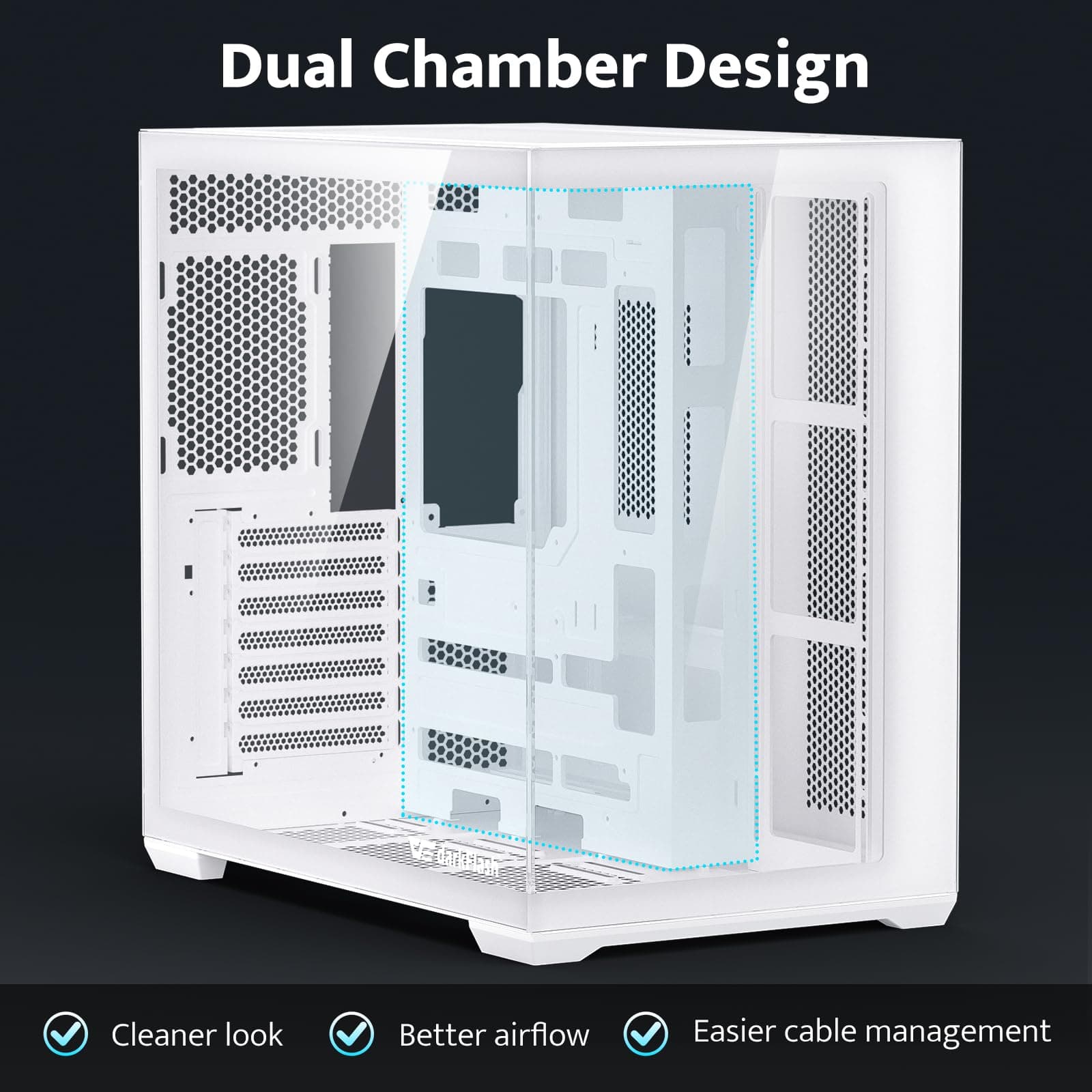 darkFlash C280 E-ATX PC-Gehäuse, Gaming-Gehäuse sechsseitiger Belüftung, Unterstützung bis zu 420mm AIO, vertikale GPU-Montage, Back-Connect, Typ-C, hoher Luftstrom, inklusive 4 PWM-Lüfter (Weiß) Bild 5