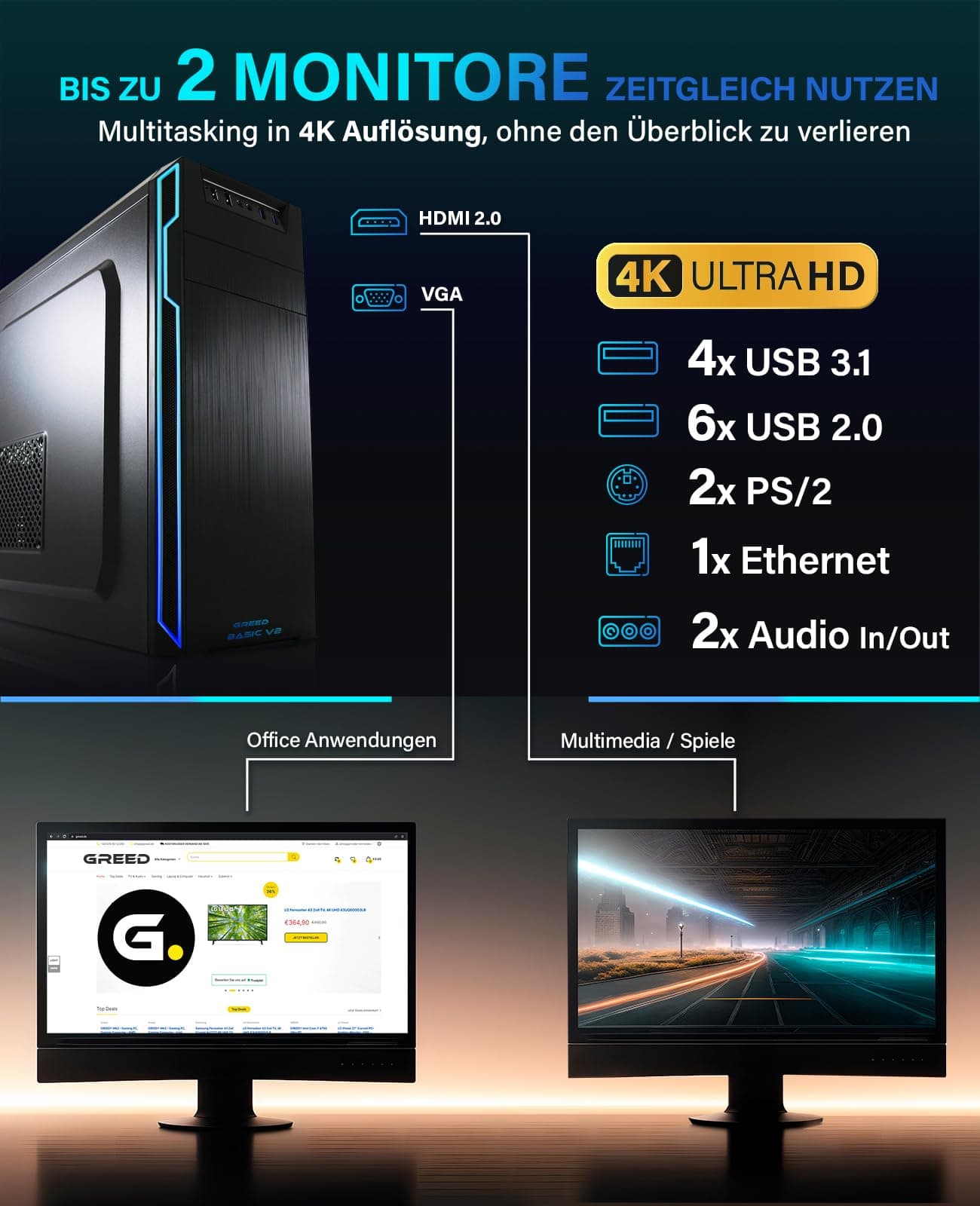 Greed® Multimedia V2 PC mit Intel Core i7 10700F - Schneller Rechner + Computer für Büro & Home Office mit 4,8 GHZ, 16GB RAM/Arbeitsspeicher - 512GB SSD - DVD+RW - USB3.1 - WLAN, inkl. Windows 11 Pro Multi | V2 INTEL Bild 5