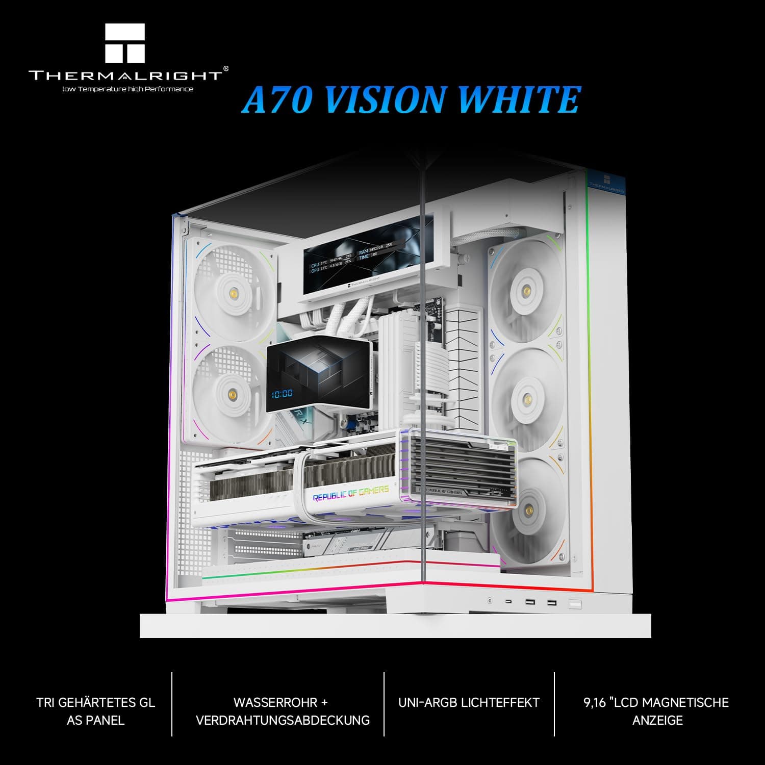 Thermalright A70 Vision Weiß PC Gehäuse mit 9,16-Zoll-Display, Panorama-Sicherheitsglas, ATX-Tower Unterstützt ATX-Mainboard/42cm-Grafikkarten,mit ARGB-Lichtleiste und verstecktem Kabelmanagement Weiß-A70 Vision White Bild 3