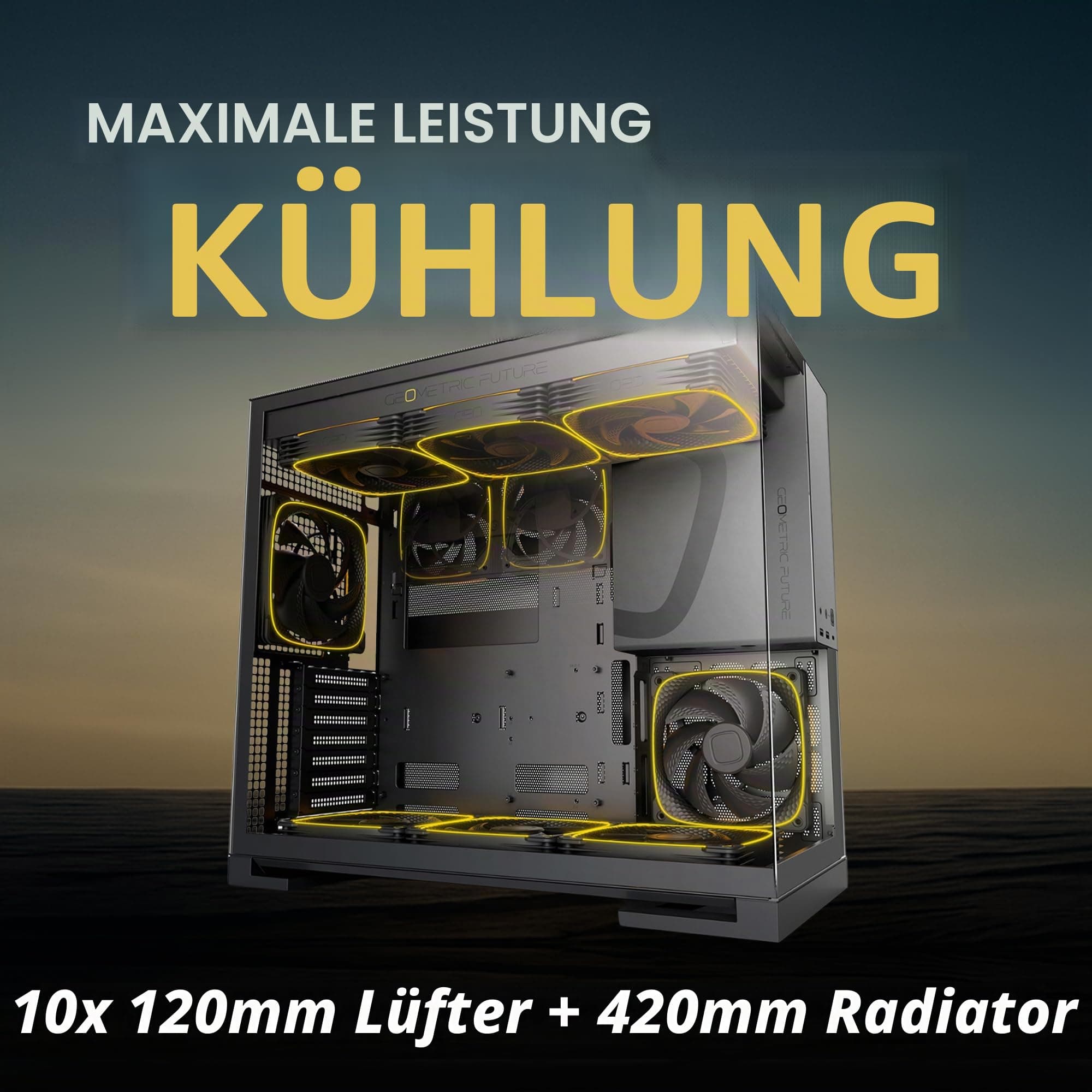 Geometric Future M5 Tempered Glass Mid Tower, E-ATX/ATX Gaming Case, 1.2mm Steel, Type C, Toolless Panels, Support 420/360 Radiator, ARGB PWM 140m Fan x 5 Pre-Installed, Black/Grey, GEO-M5F-BG Black/Gray Glasver mit 140 x 5 Lüftern Bild 4