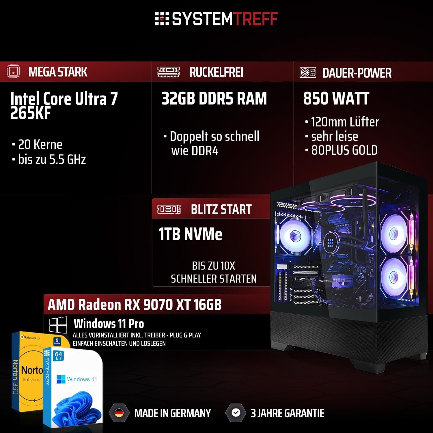 SYSTEMTREFF High-End Gaming PC Intel Core Ultra 7 265KF 8x5.5GHz | AMD Radeon RX 9070 XT 16GB DX12 | 1TB M.2 NVMe | 32GB DDR5 RAM | Windows 11 | Desktop Computer Rechner für Gamer, Zocker & Streamer Bild 2