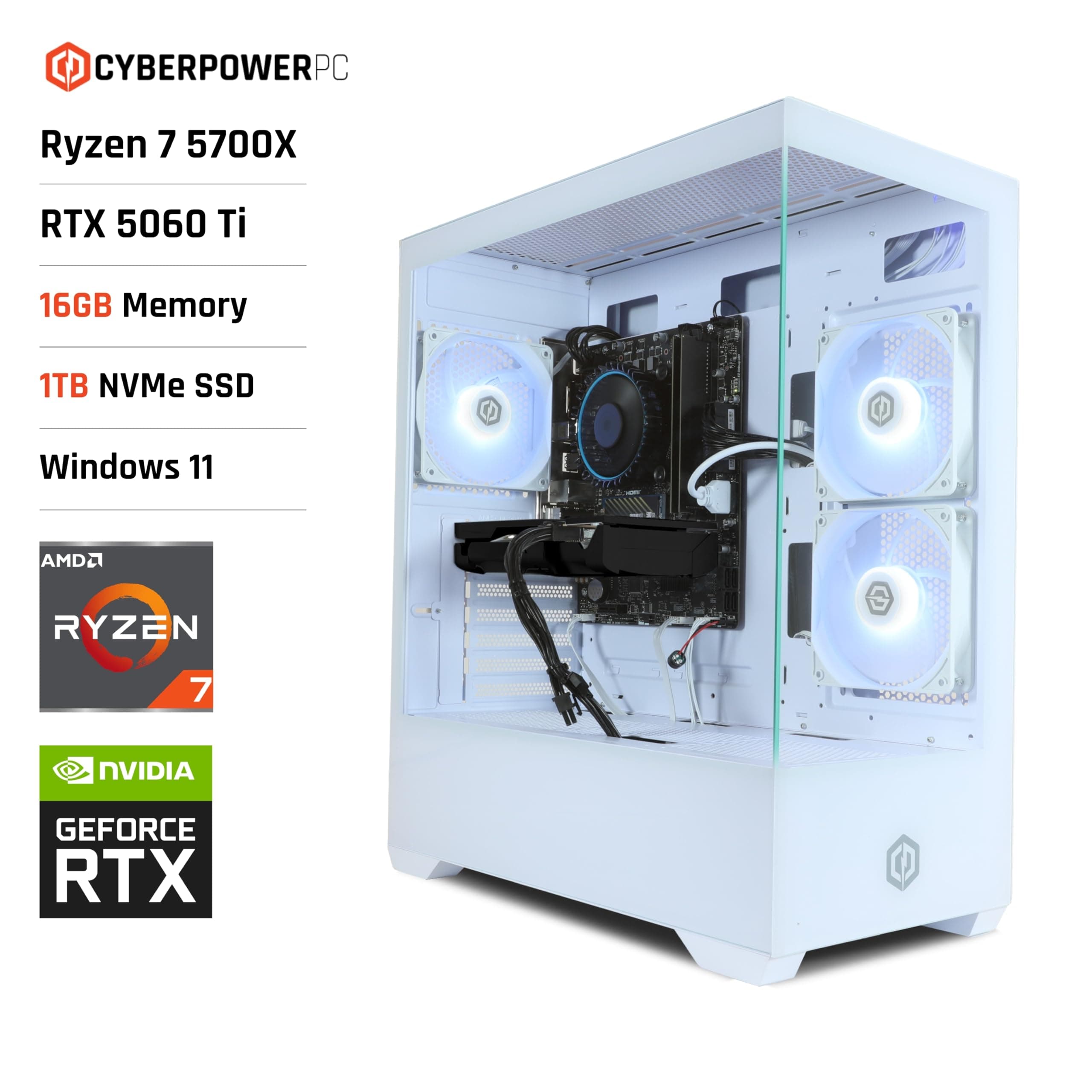 CYBERPOWERPC Wyvern Gaming PC - AMD Ryzen 7 5700X, Nvidia RTX 5060 Ti, 16GB RAM, 1TB NVMe SSD, 650W PSU, Wi-Fi, Windows 11, Prism Panoramic White AMD Ryzen 7 5700X , White Case Nvidia RTX 5060 Ti Bild 2