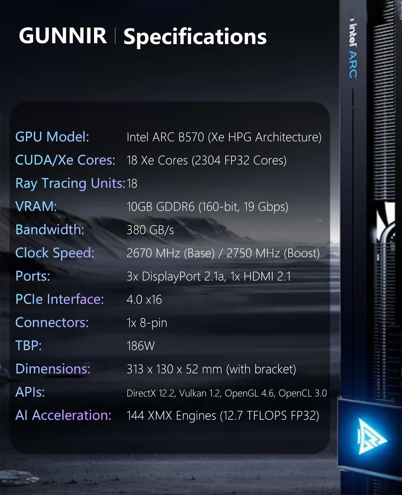 Cutesliving GUNNIR Intel Arc B570 Photon 10GB GDDR6 Grafikkarte, 2670 MHz Boost (3X DP 2.1 + HDMI 2.1 | PCIe 4.0 x16) Triple-Fan Cooling, 4K/8K Ready, RTX 4060 Competitor (Schwarz) Bild 5