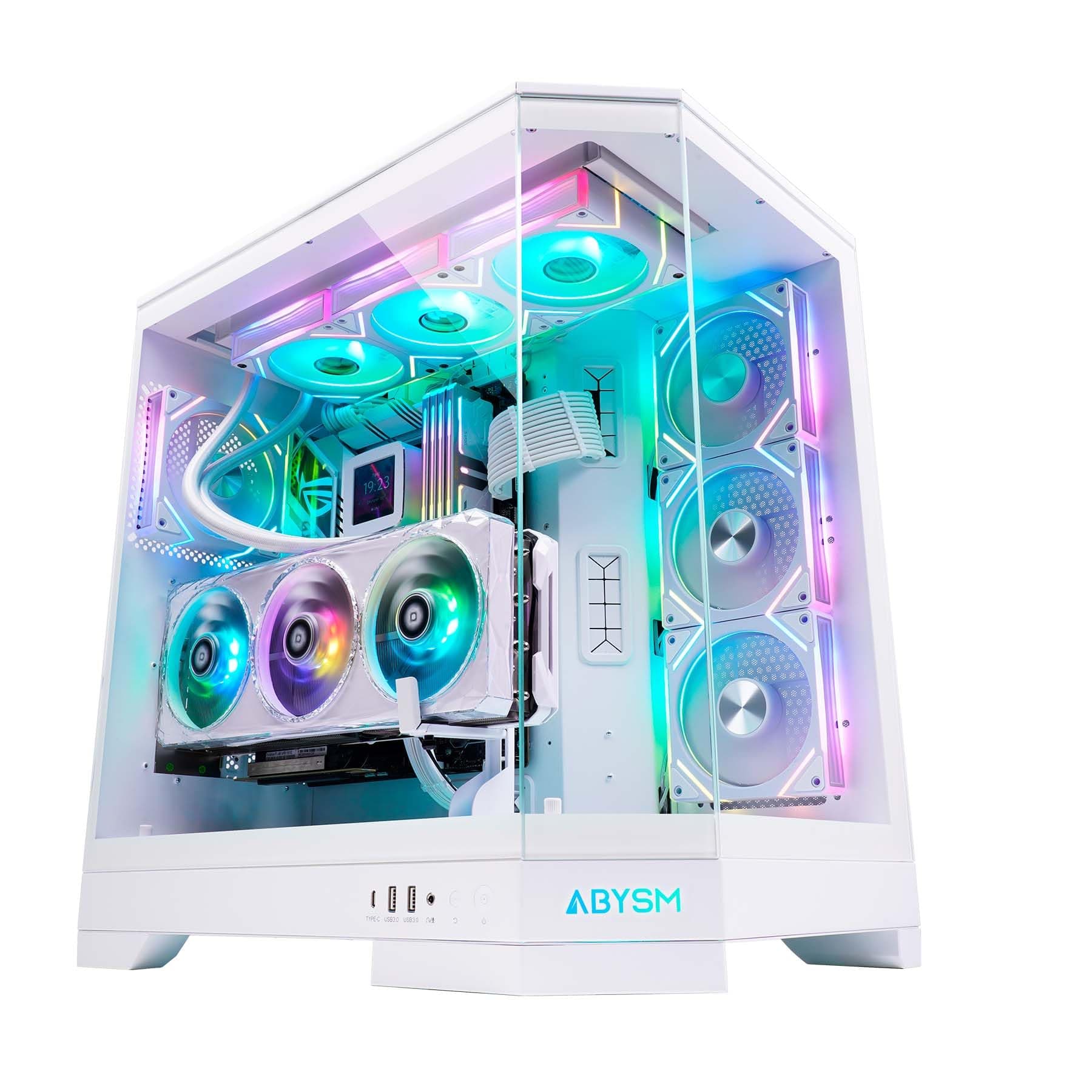Abysm Gaming Danube SAVA H600 White E-ATX Gamer PC-Gehäuse mit 3 Paneelen aus gehärtetem Glas, 4 x 120 mm ARGB-Lüfter, Controller, Unterstützung für GPU und PCIe 4.0 Riser Kabel 16x