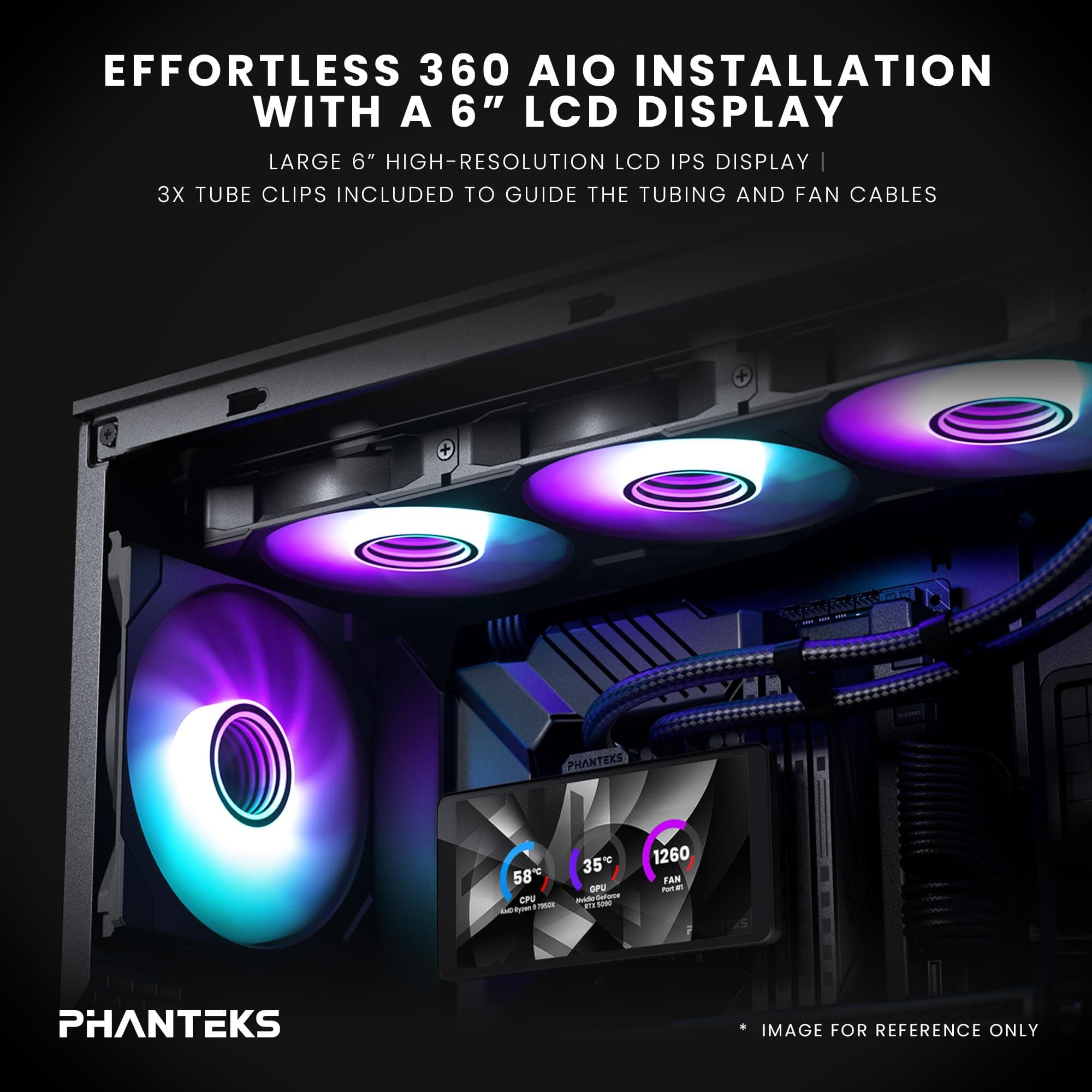 Phanteks Glacier One 360M25-LCD AIO Liquid CPU-Kühler, 6 Zoll IPS HD LCD Display, 120mm M25 Gen2 D-RGB Lüfter, Hochleistungs-Kupfer-Kaltplatte, kompatibel mit Intel u Bild 3