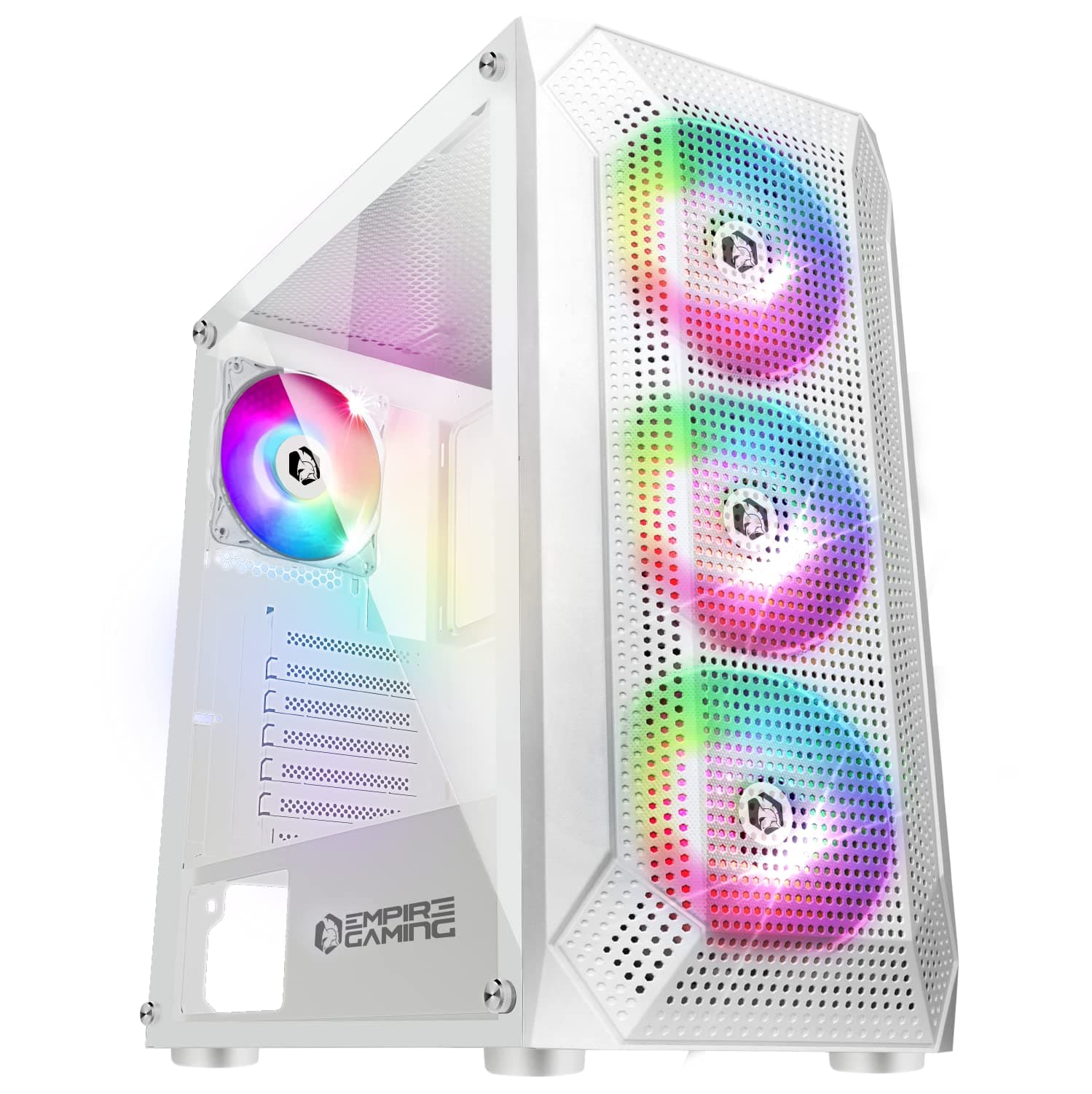 EMPIRE GAMING - PC-Gehäuse Gamer Ruby – ARGB Mittelgroßer Tower ATX, MATX, ITX – Netzblende – Seitenwand aus Acrylglas – 4 Ventilatoren 3 Pin 5V LED RGB Adressierbar 120 mm – MB Sync – Weiß Ruby W