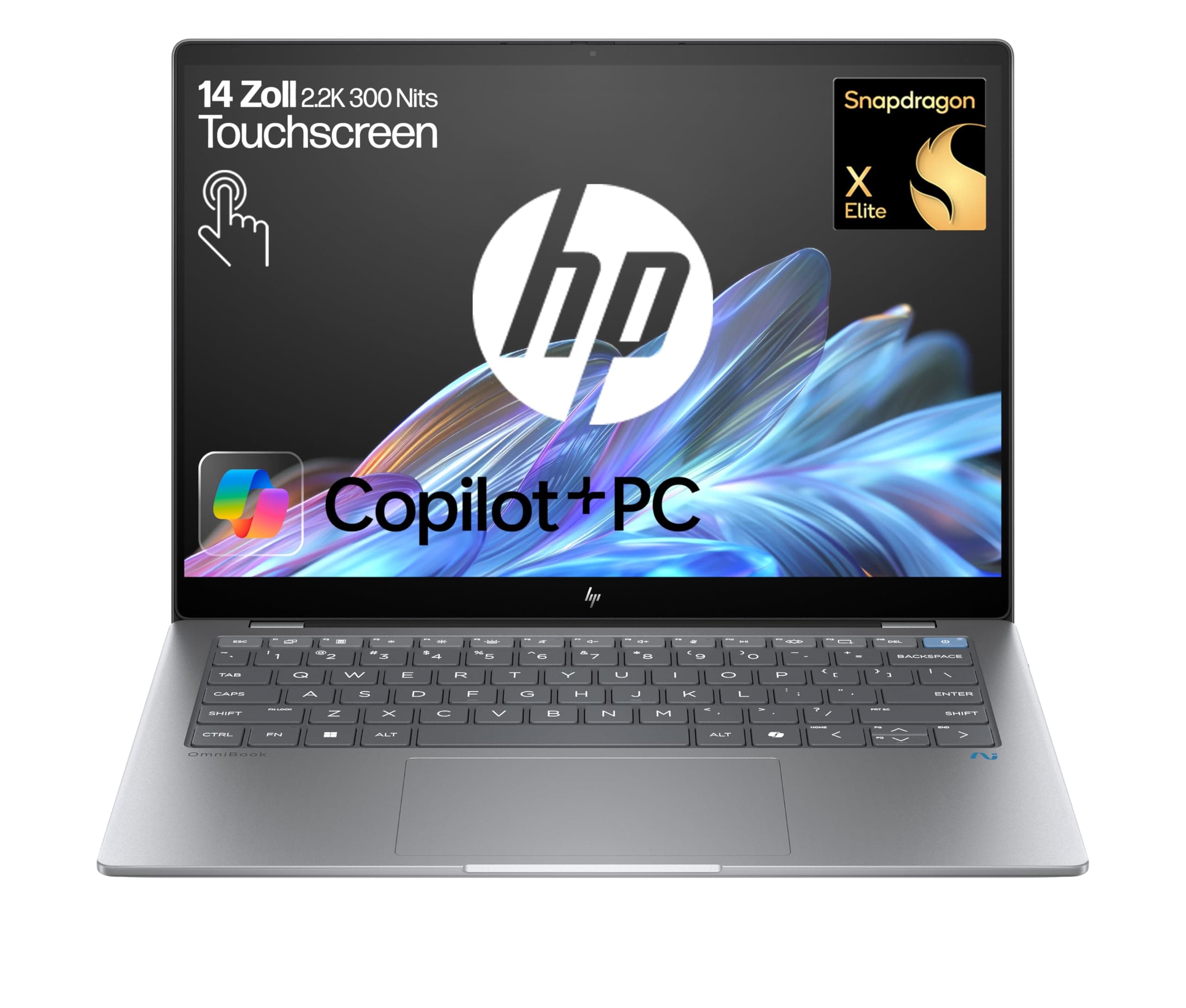 HP OmniBook X Next Gen AI Laptop | Qualcomm Snapdragon X Elite X1E-78-100 (12C) mit dedizierte NPU für KI | 45 NPU Tops | Copilot+ PC | 14" 2,2K Touchscreen | 16 GB RAM | 1TB SSD | Win11 | Silber QC Snapdragon X1E-78-100 Bild 2
