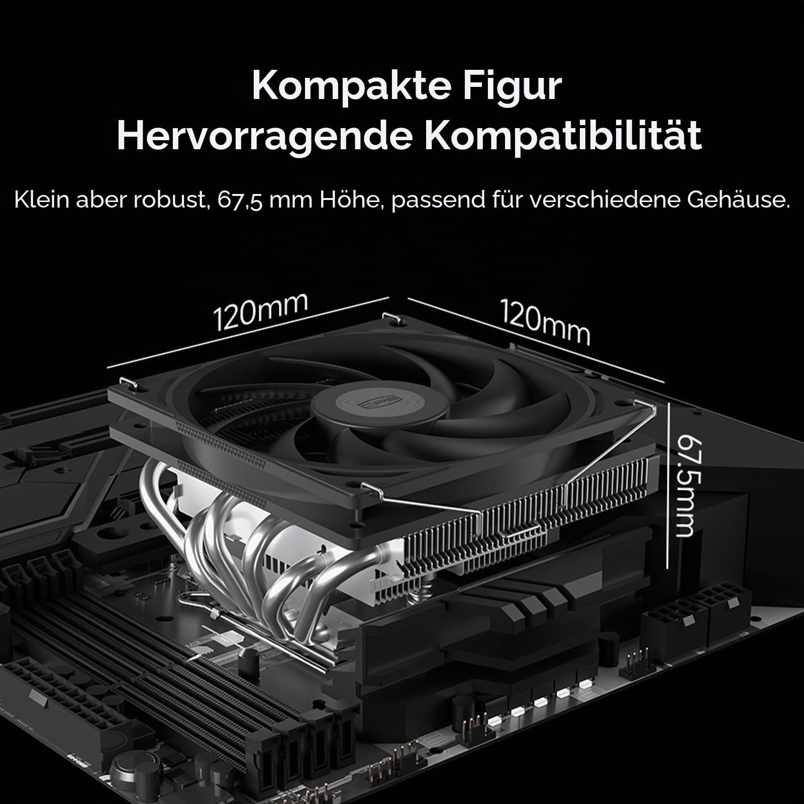 CPS RC600-67 BK 67 mm Höhe Low-Profile-CPU-Kühler, 6 Heatpipes CPU-Luftkühler mit 120 * 15 mm Slim-Lüfter für ITX, Small-Form-Factor-Builds, unterstützt Intel LGA 115X/1200/1700/1851, AMD AM4/AM5 Bild 3
