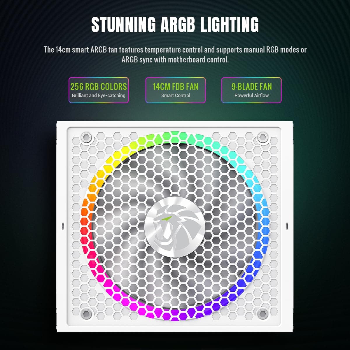 GAMEMAX RGB 750G WH Netzteil PC 750W Vollmodulares, 80 Plus Gold, LLC+DC‑DC, ARGB Sync, Japanische Kondensatoren, 140mm ARGB FDB Lüfter, 9 Schutzfunktionen, 10 Jahre Garantie 750W Weiß Bild 5