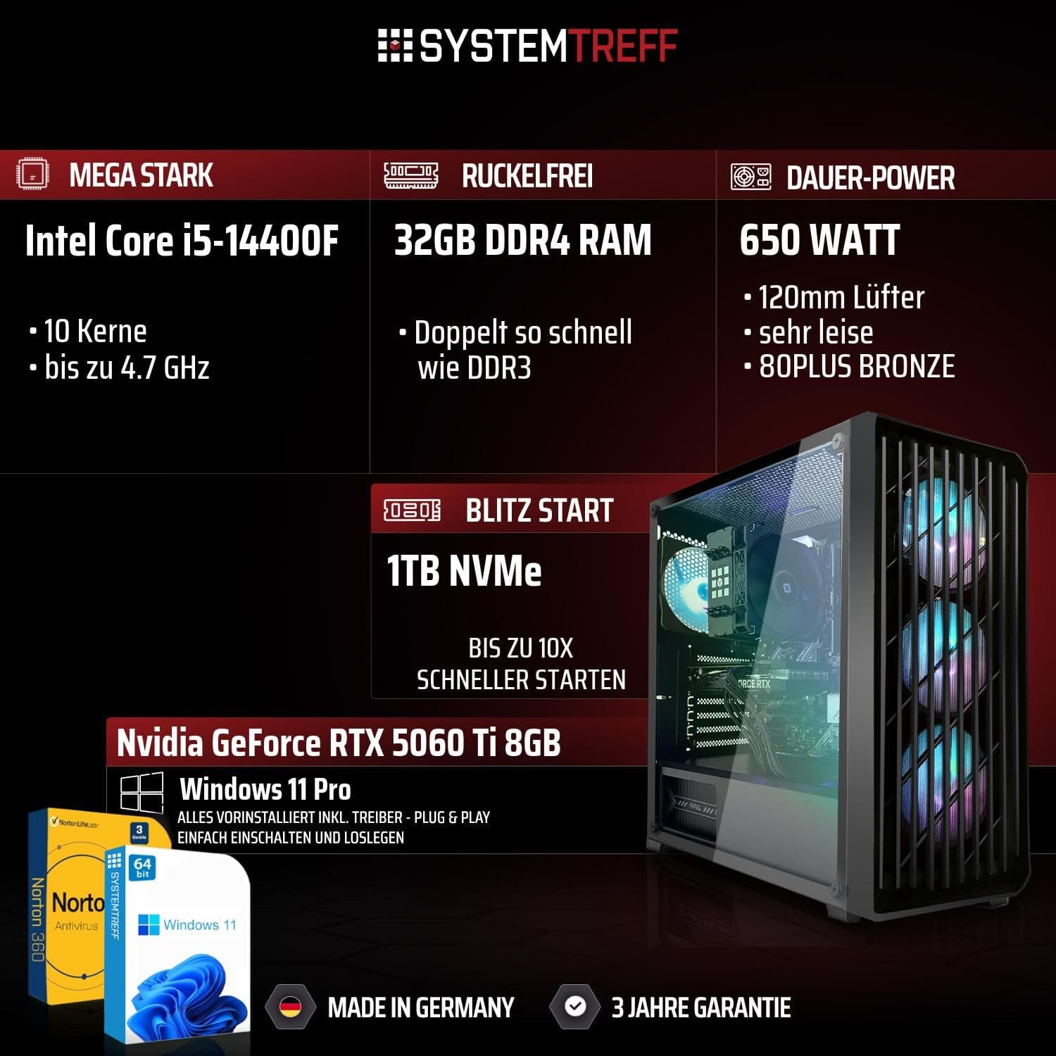 SYSTEMTREFF Gaming PC Intel Core i5-14400F 6x4.7GHz | Nvidia RTX 5060 Ti 8GB DX12 | 1TB M.2 NVMe | 32GB DDR4 RAM | Windows 11 | WLAN Desktop Computer Rechner für Gamer, Zocker & Streamer Bild 2