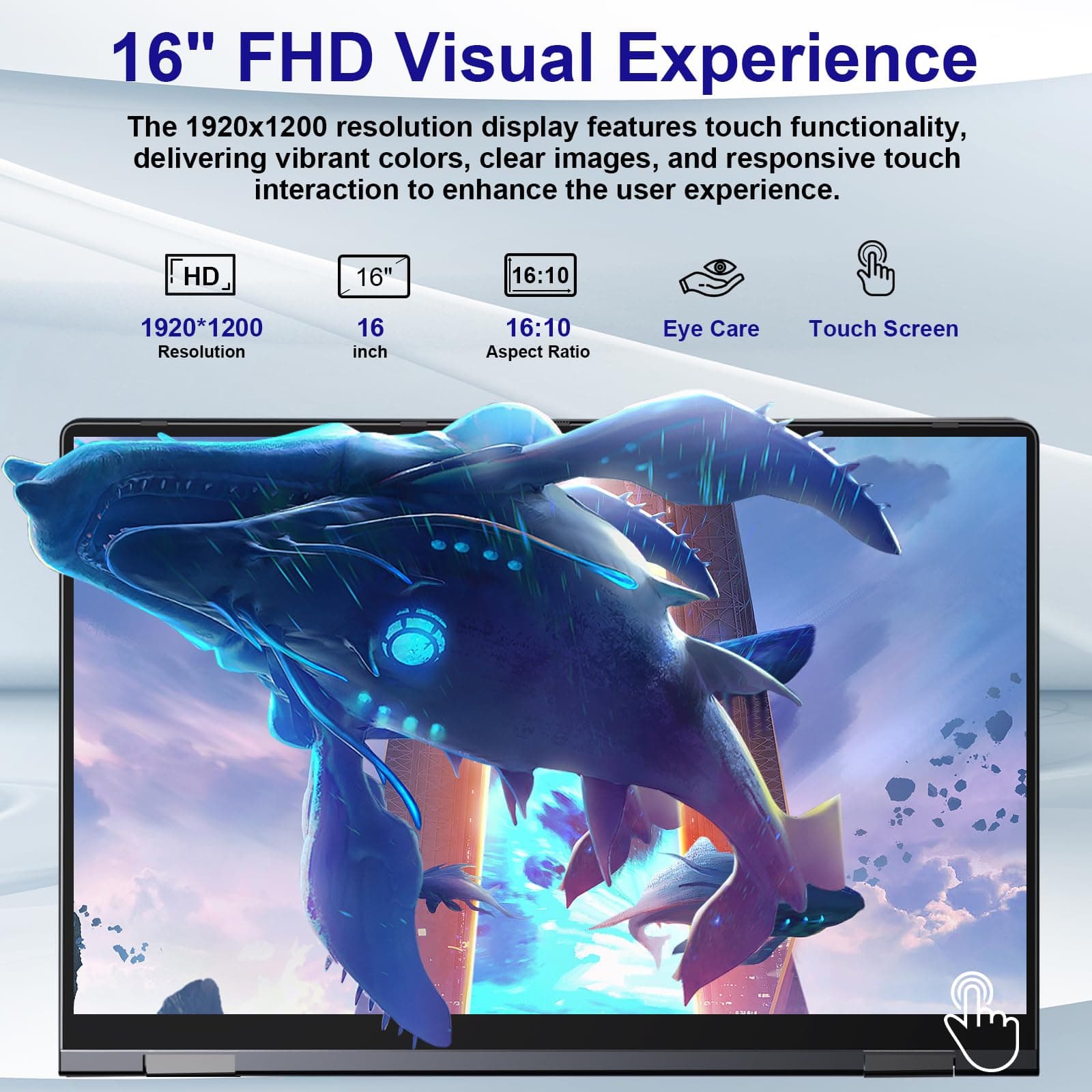 Laptop 16 Zoll, Touchscreen Laptop mit 16GB RAM 512GB Storage, Ryzen 3(Bis zu 3.5GHz), IPS FHD Touchscreen mit 360 Grad Drehfunktion, Fingerabdrucksensor, Beleuchtete Tastatur, WiFi 6, 53.2WH Dunkelgrau 16.0 Zoll Bild 2