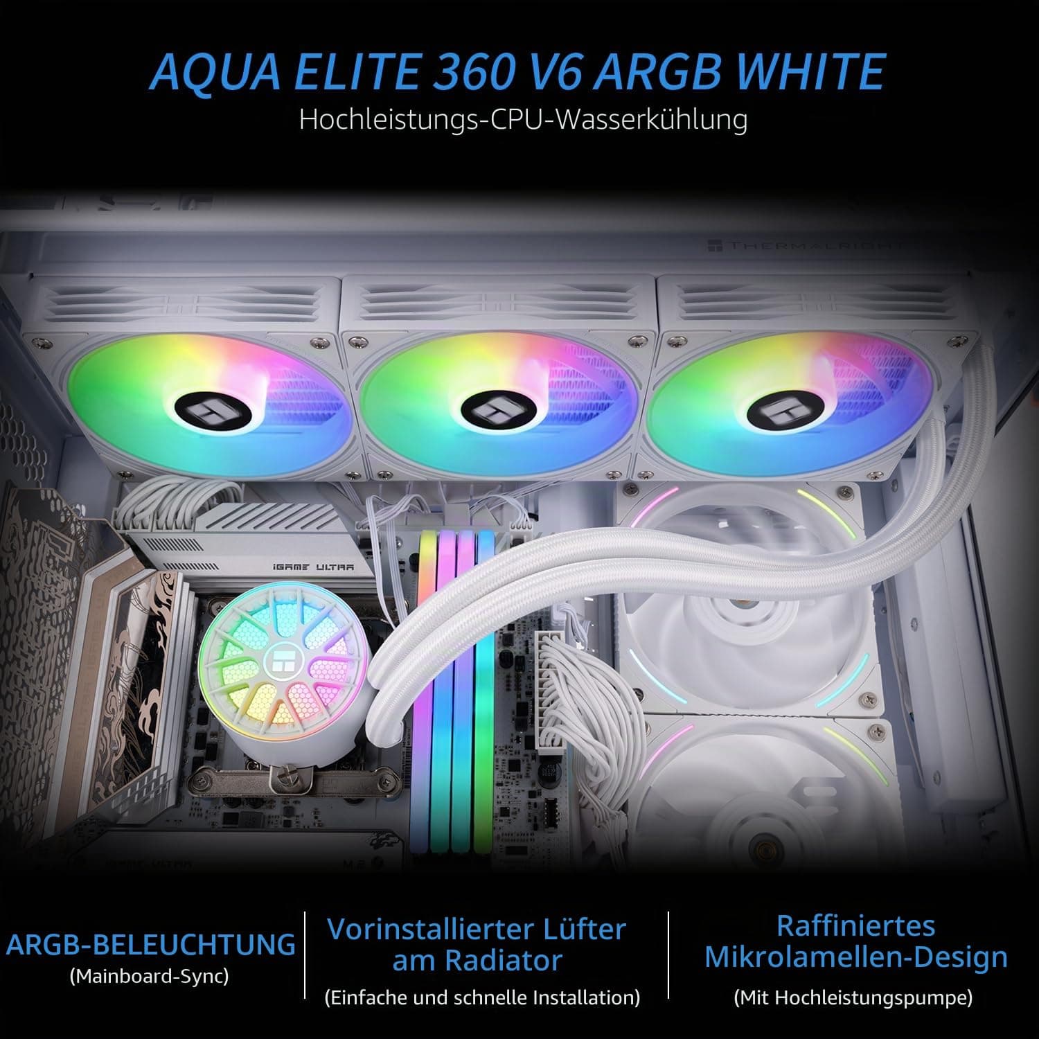 TR -AQUA ELITE 360 V6 ARGB BLACK CPU Flüssigkeitskühler, 360 Kühlreihen, 3 x 120 mm Wasserkühler, AMD:AM4/AM5, Intel LGA115X/1200/2011/1700/1851, CPU Kühler AIO Bild 3