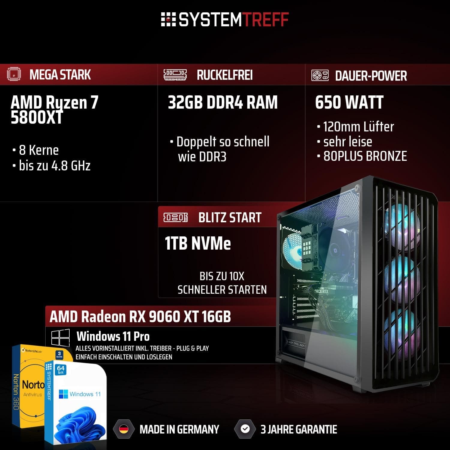 SYSTEMTREFF Gaming PC AMD Ryzen 7 5800XT 8x4.8GHz | AMD Radeon RX 9060 XT 16GB DX12 | 1TB M.2 NVMe | 32GB DDR4 RAM | Windows 11 | WLAN Desktop Computer Rechner für Gamer, Zocker & Streamer Bild 2
