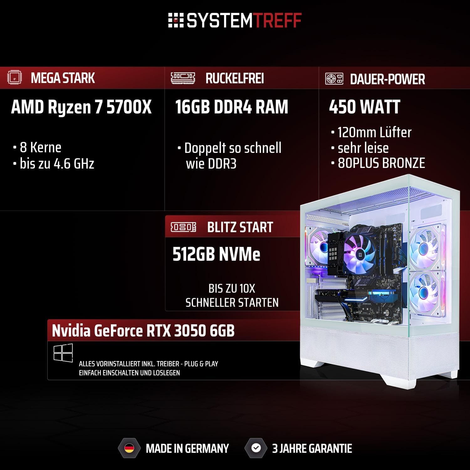 SYSTEMTREFF Basic Gaming PC weiß AMD Ryzen 7 5700X 8x4.6GHz | Nvidia RTX 3050 6GB DX12 | 512GB M.2 NVMe | 16GB DDR4 RAM | WLAN Desktop Computer Rechner für Gamer, Zocker & Streamer Bild 2