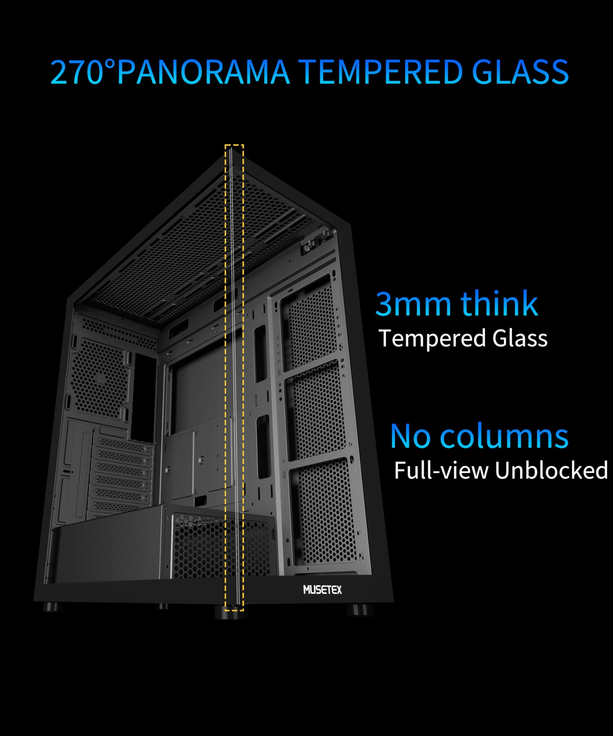 MUSETEX PC Gehäuse ATX Vorinstallation 7 PWM ARGB-Lüfter, Mid Tower ATX Computer Gehäuse mit Panoramadoppelglas, Type-C Gaming PC Gehäuse, Schwarz(K2) 42,5T x 21,2B x 47H cm Bild 3