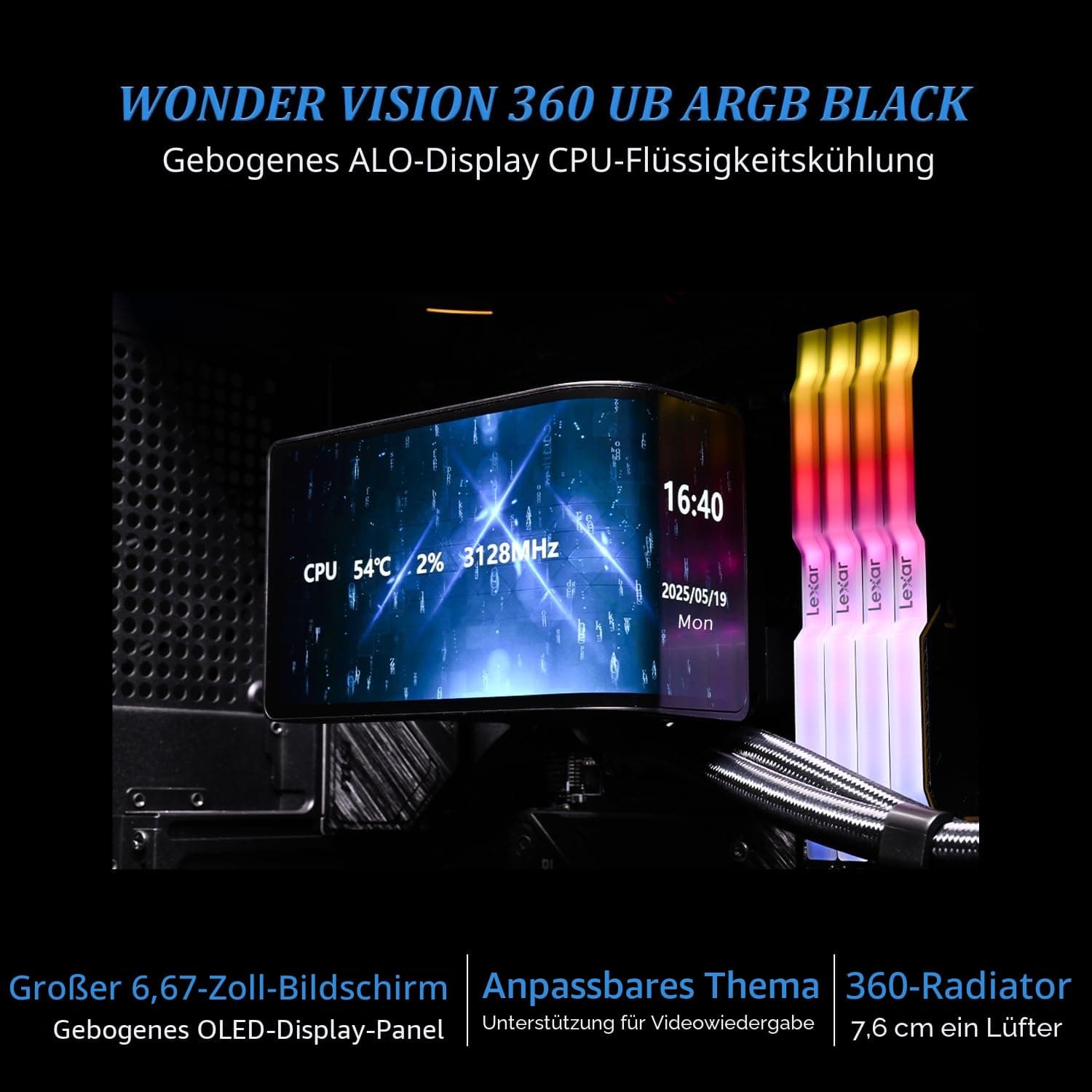 TR Wonder Vision 360 UB ARGB schwarz AIO CPU Liquid Cooler, für AM5 / Intel LGA1851 / 1700, gebogenes 3D-Display von 6,67 Zoll mit Auflösungen 2400 x 1080, Magnetpanel-Display BLACK Bild 3