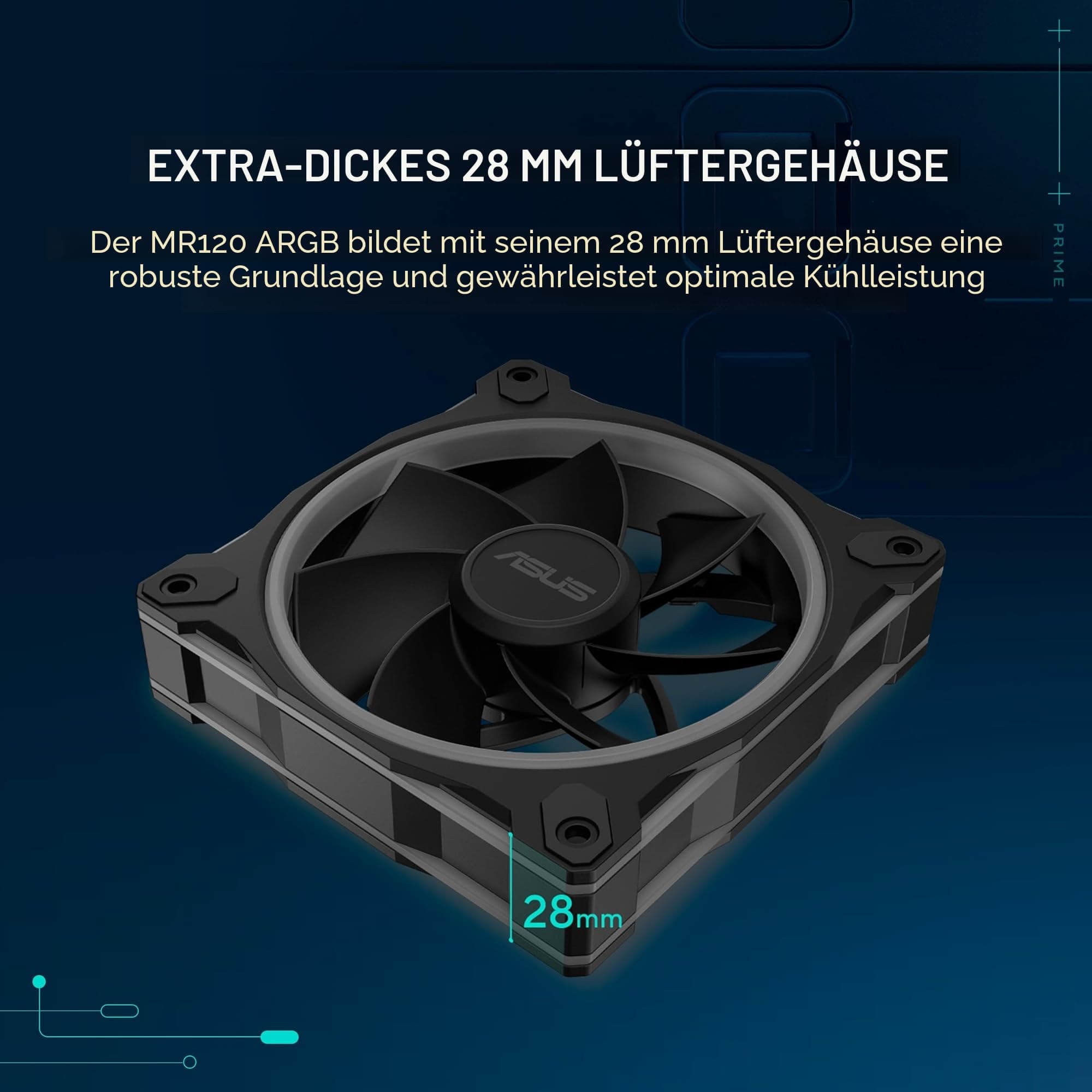 ASUS Prime MR120 Black ARGB Reverse-Gehäuselüfter Single (beidseitige Beleuchtung, 20 adressierbare RGB-LED, 28 mm Rahmen, PWM-Steuerung, Lüfterdrehzahl 1600 U/min, 23dB(A) Lärmpegel, 58 CFM, Schwarz) Bild 3