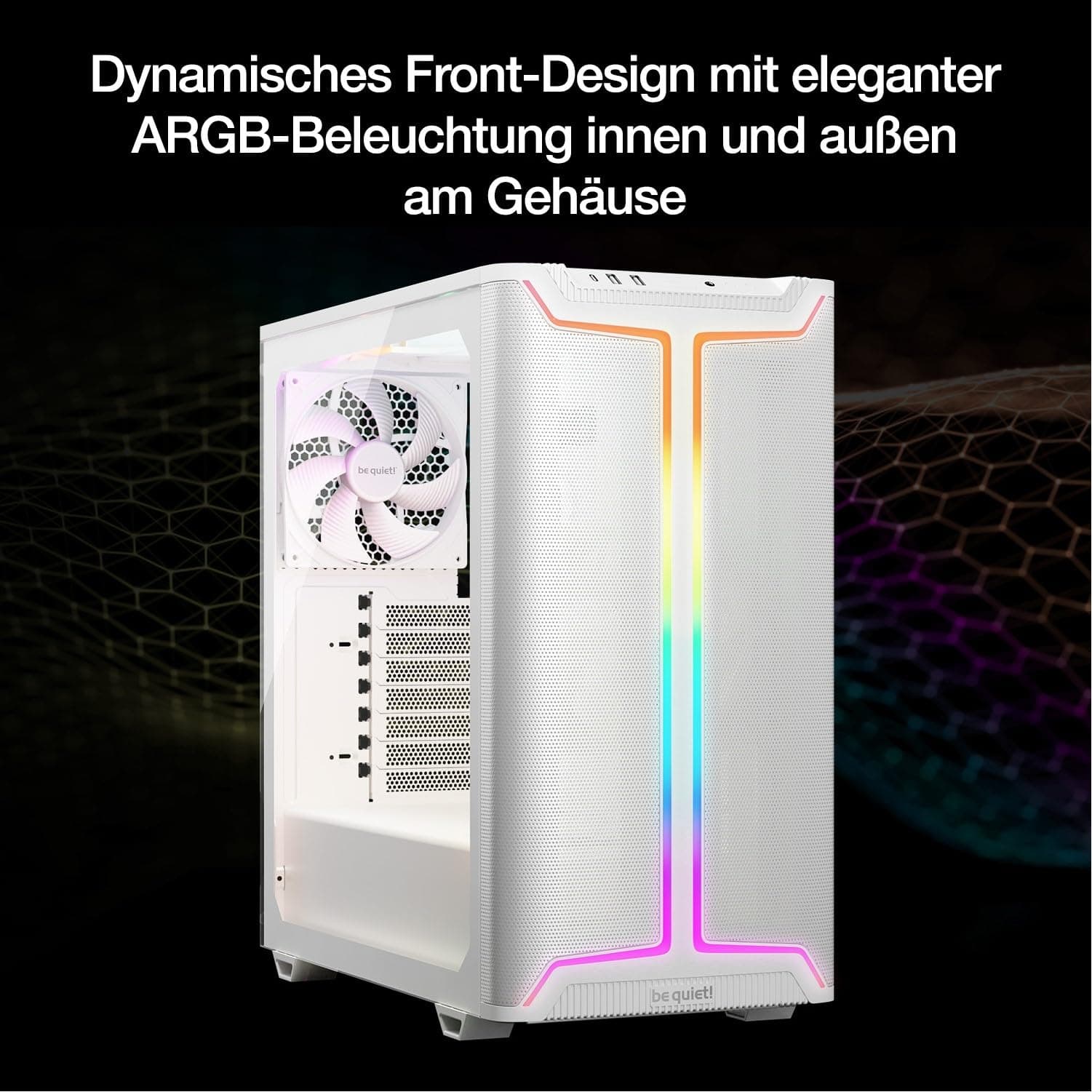 be quiet! Pure Base 501 DX White PC-Gehäuse, 3 vorinstallierte Pure Wings 3 140mm PWM-Lüfter, hoher statischer Druck, dynamisches Front-Design mit eleganter ARGB-Beleuchtung innen und außen Bild 7